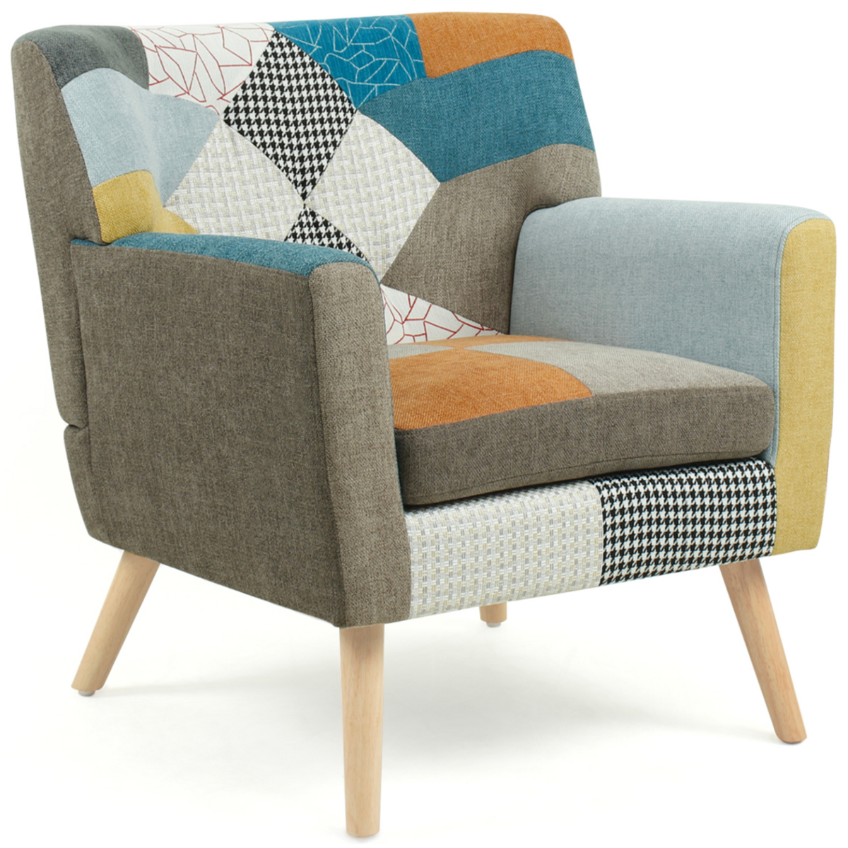 ID MARKET Fauteuil scandinave LIV en tissu patchwork multicouleur