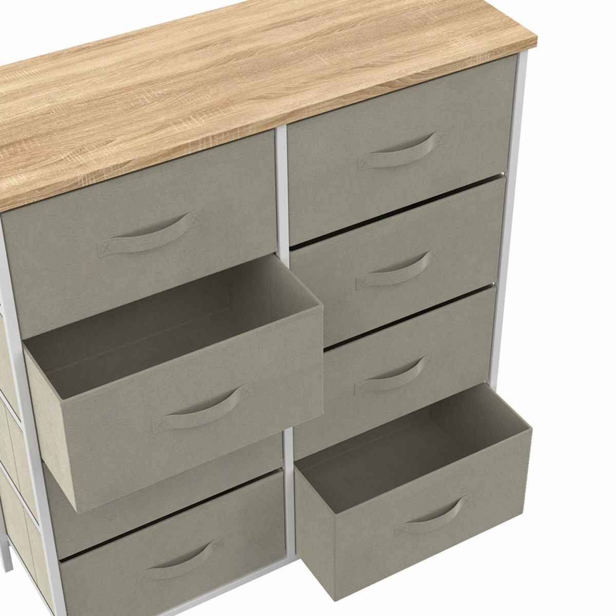 ID MARKET Commode 8 tiroirs en tissu ALTA 80 cm gris clair et plateau effet bois design industriel