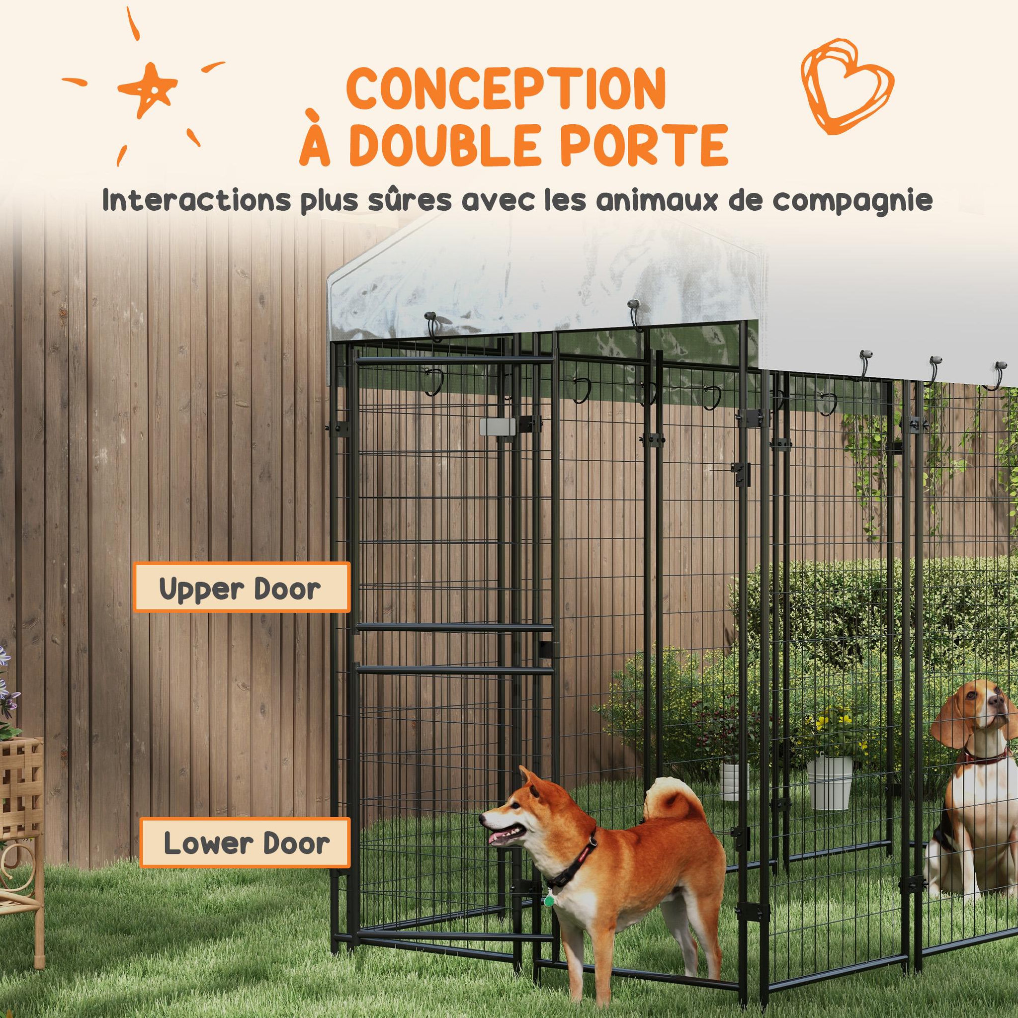 Voir la diapositive 6 : PAWHUT Chenil extérieur chien - cage chien - enclos chien - toile toit imperméable anti-uv, 2 portes verrouillables - acier noir pe gris