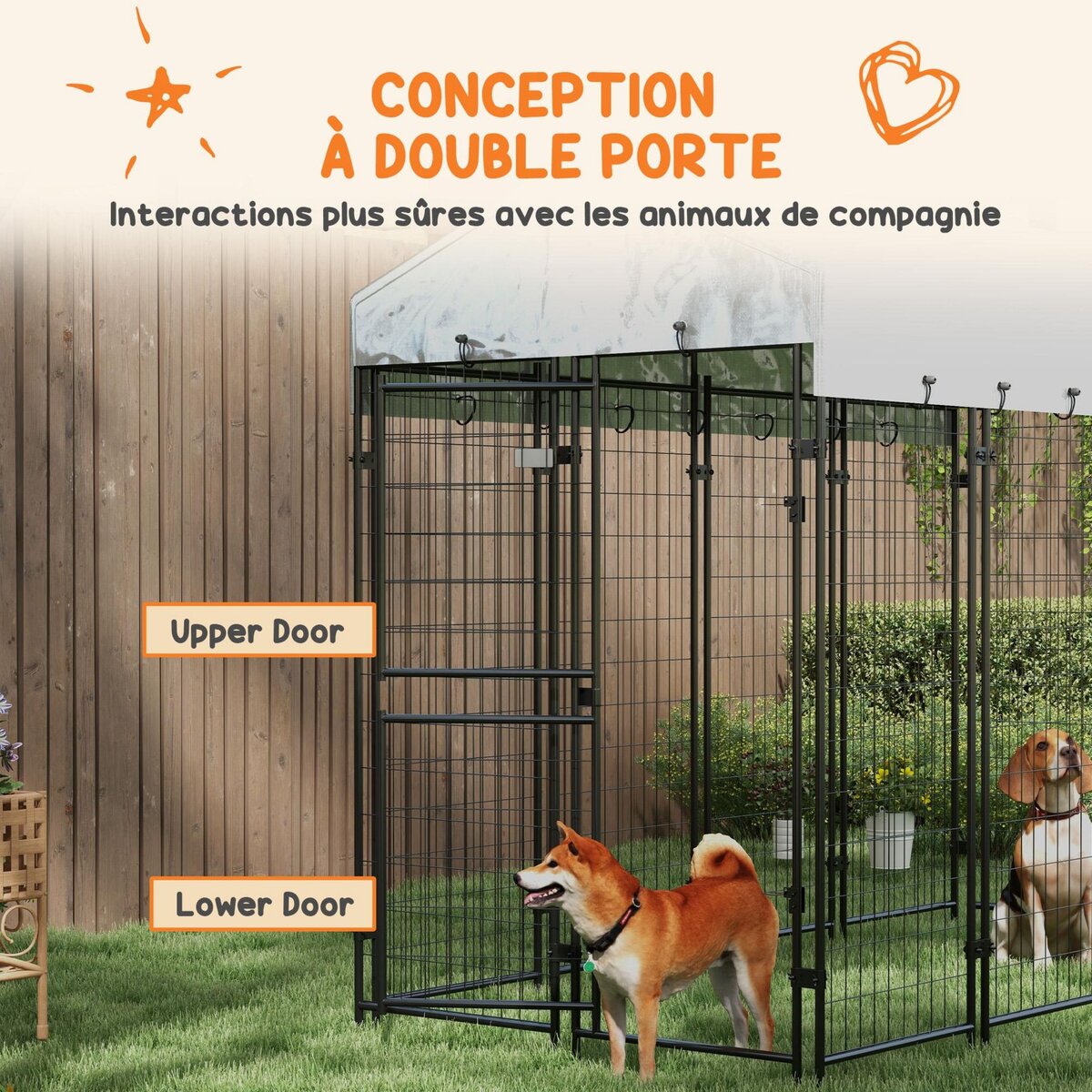 PAWHUT Chenil extérieur chien - cage chien - enclos chien - toile toit imperméable anti-UV, 2 portes verrouillables - acier noir PE gris
