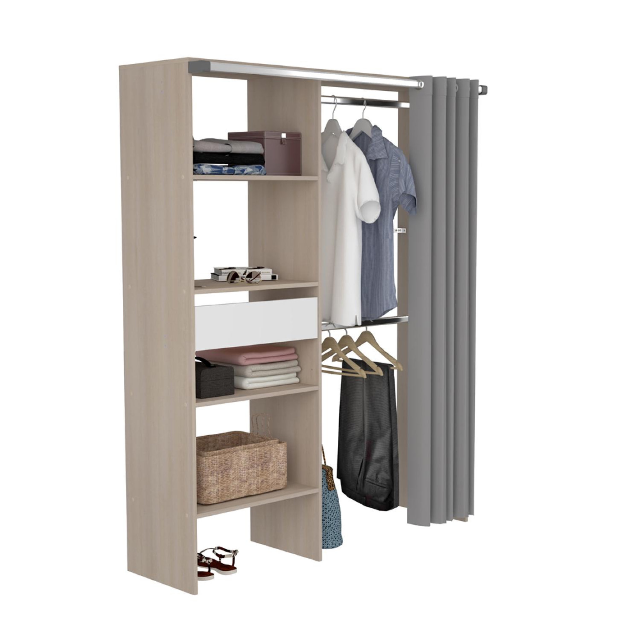 Voir la diapositive 3 : CONCEPT USINE Dressing avec rideau 4 étagères 2 penderies et un tiroir bois et blanc bali