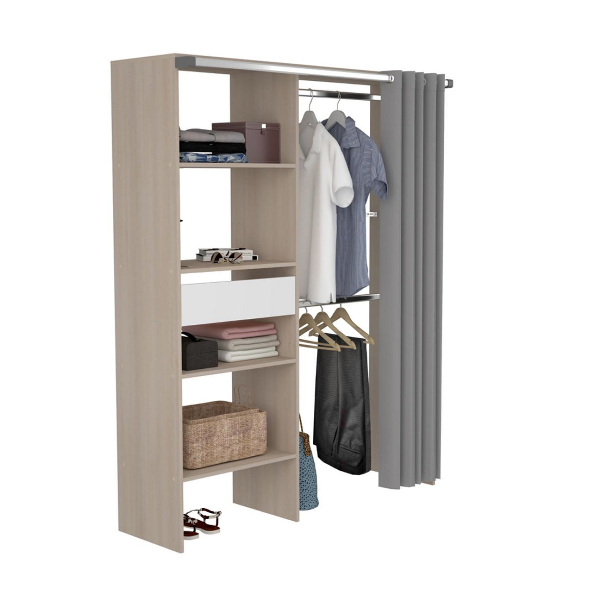 CONCEPT USINE Dressing avec rideau, 4 étagères, 2 penderies et un tiroir bois et blanc BALI