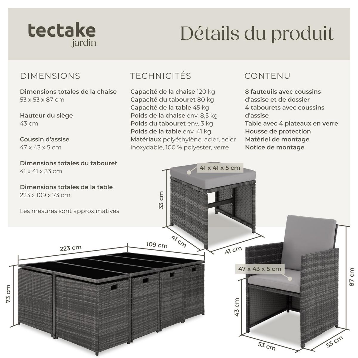 tectake Salon de jardin pour 8 à 10 personnes gris/gris clair