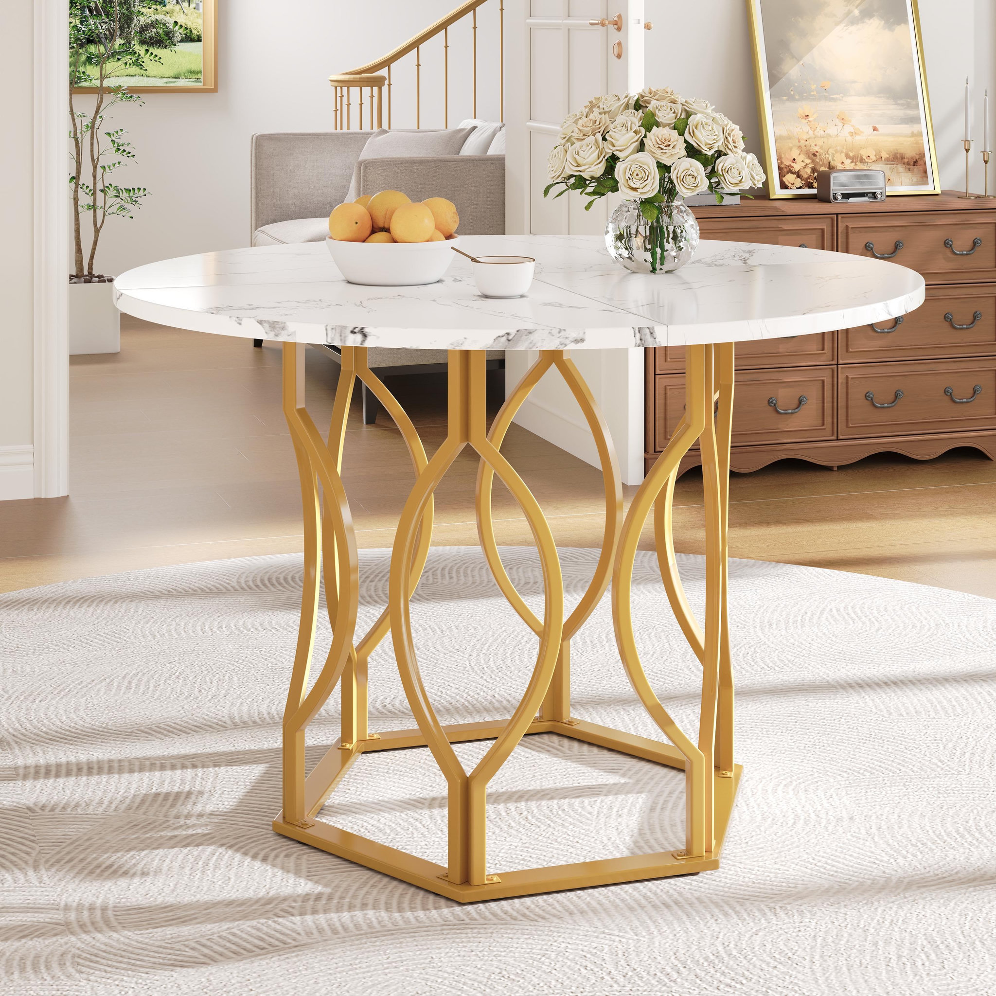 Voir la diapositive 2 : MERAX Table à manger ronde fixe blanc+doré - 100x100-100max.cm mdf et métal