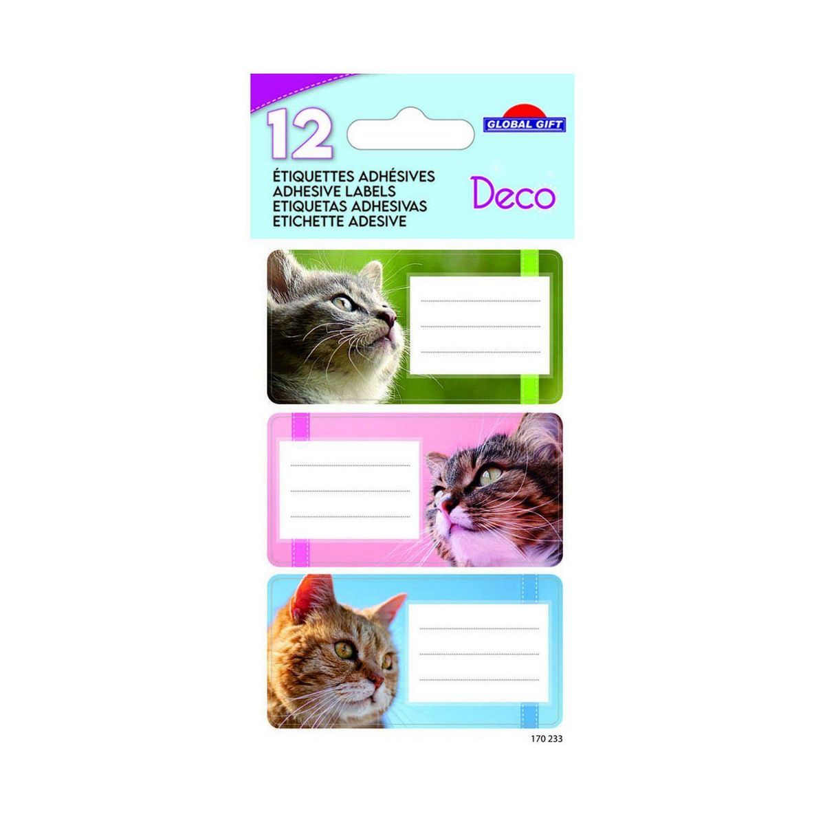GLOBAL GIFT 12 étiquettes adhésives scolaires - Rectangle - Photos de chats
