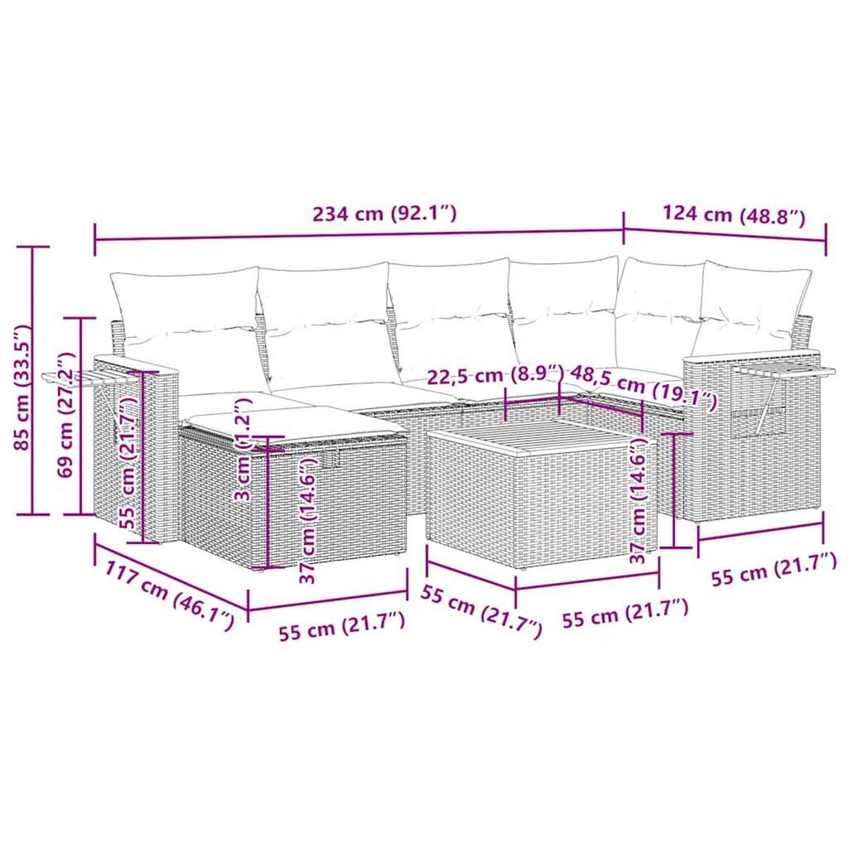 VIDAXL Salon de jardin avec coussins 7 pcs beige resine tressee