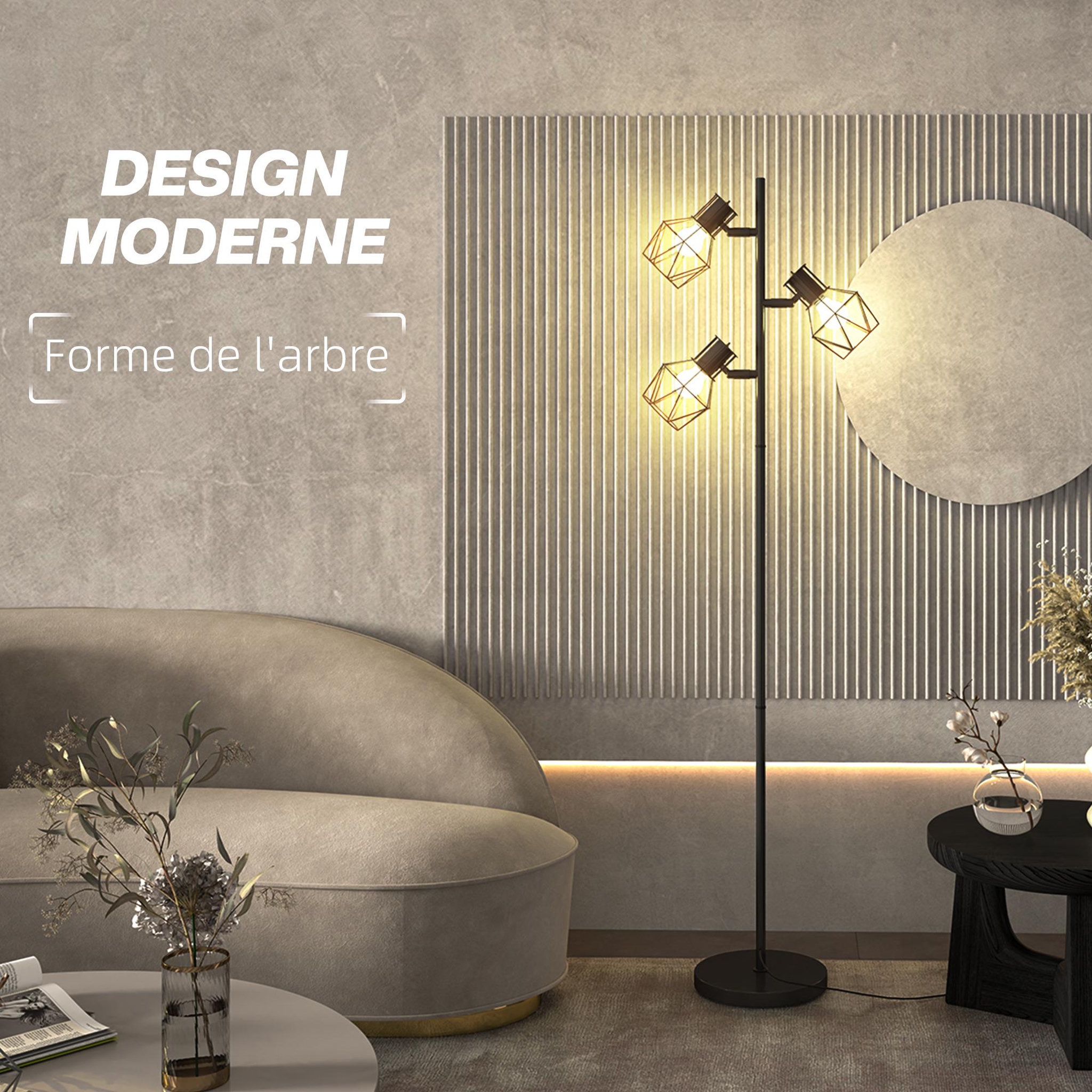 Voir la diapositive 4 : HOMCOM Lampadaire design industriel 3 ampoules max. 40w h.169 cm abat-jour cage métal noir