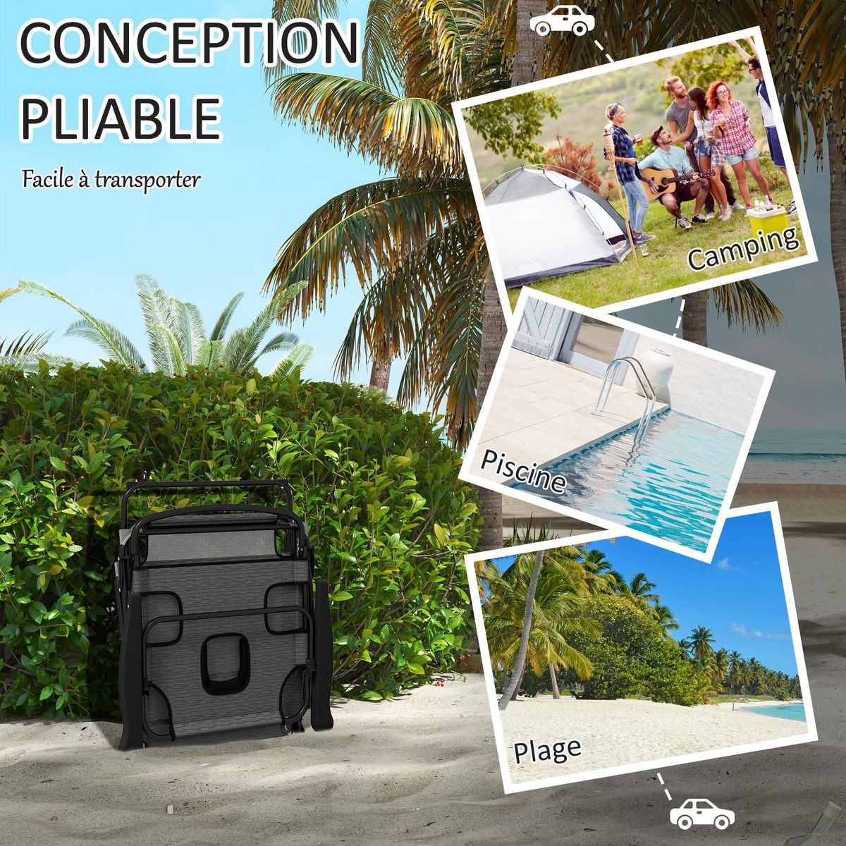OUTSUNNY Bain de soleil transat pliable inclinable - coussins, espace tête - acier noir polyester gris chiné