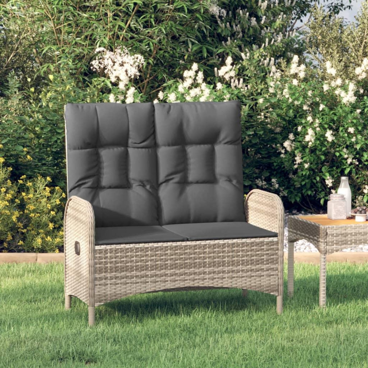 VIDAXL Banc de jardin inclinable avec coussins 107 cm Poly rotin Gris