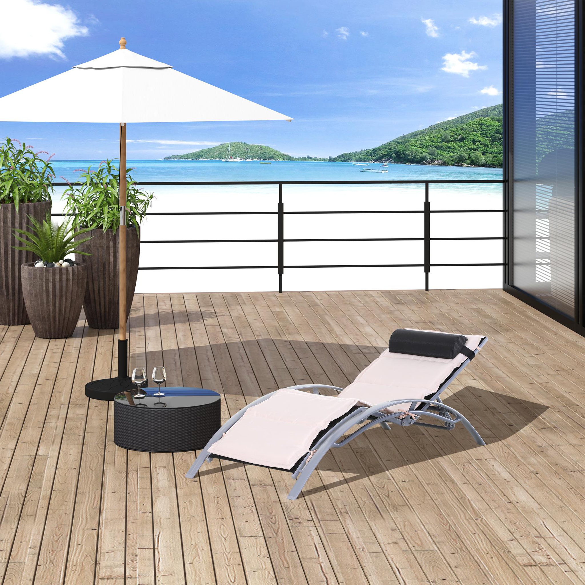 Voir la diapositive 2 : OUTSUNNY Bain de soleil transat design contemporain inclinable multi-positions avec matelas et tétière dim. 170L x 64l x 82H cm alu textilène beige