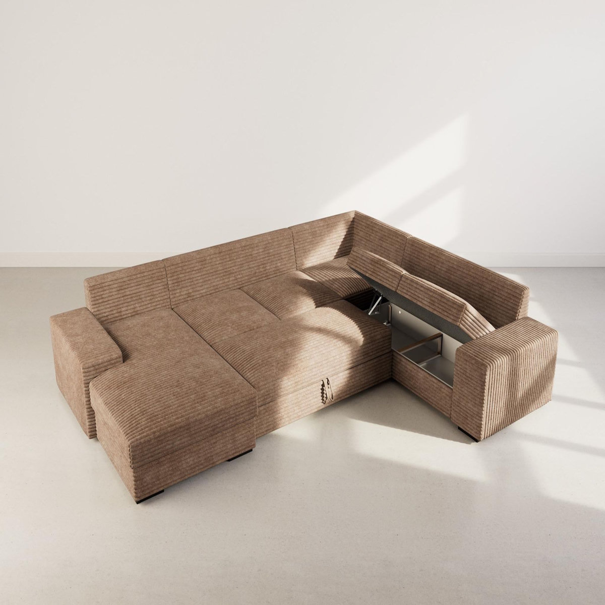 BEST MOBILIER Lorie - canapé panoramique d'angle droit 7 places convertible en velours côtelé grosse côte avec coffre