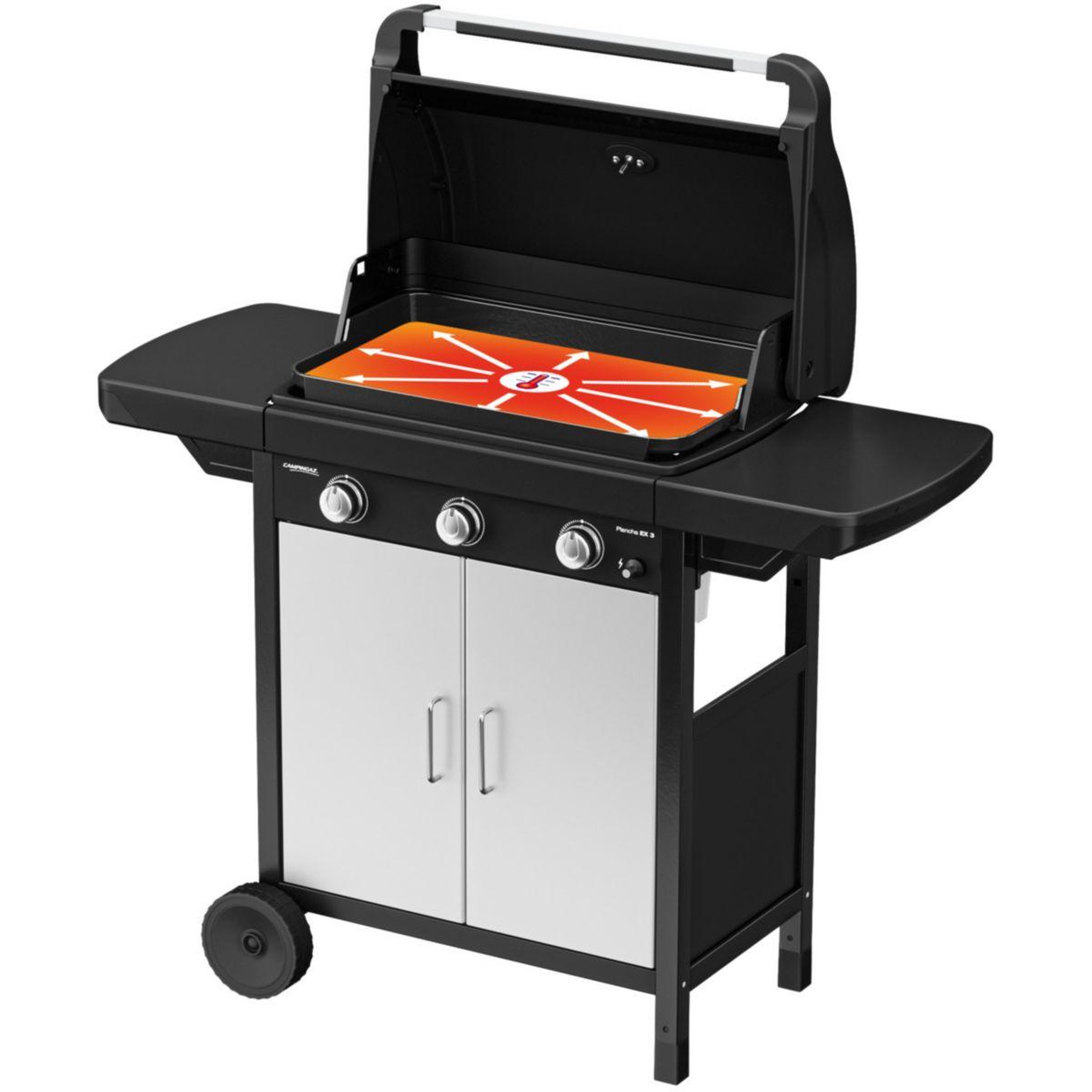 Voir la diapositive 5 : CAMPINGAZ Plancha gaz EX 3 noir 3 brûleurs sur chariot couvercle de cuissson, 60x35 cm