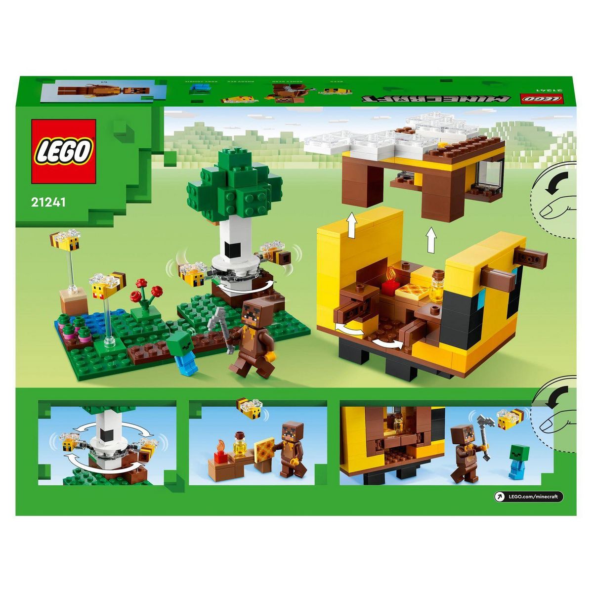LEGO Minecraft  21241 La cabane Abeille, Jouet, Ferme avec Maison, Zombie et Figurines Animaux