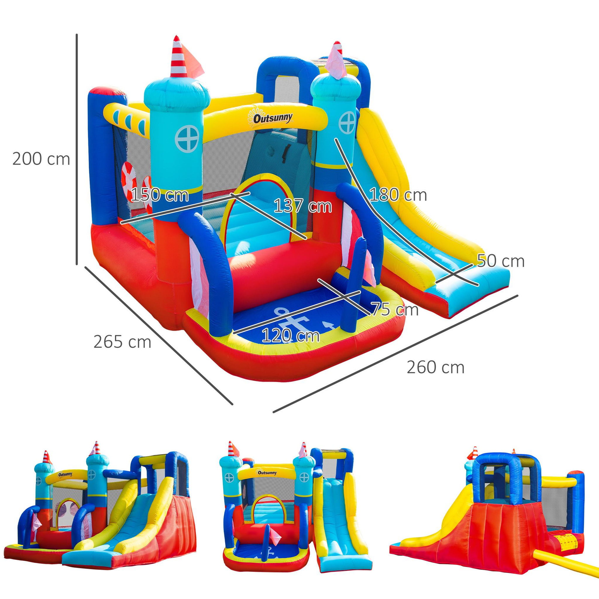 Voir la diapositive 3 : OUTSUNNY Château gonflable enfant - toboggan, trampoline, piscine, mur d'escalade - gonfleur, sac de transport inclus - dim. 2,65L x 2,6l x 2H m - polyester multicolore