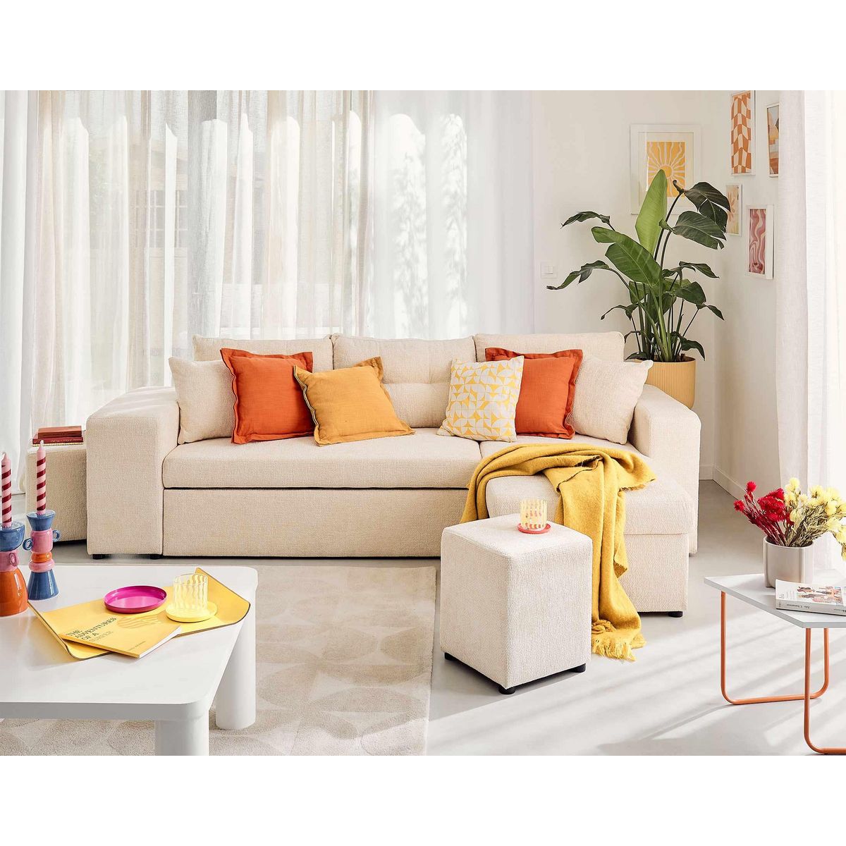 BEST MOBILIER California - canapé d'angle réversible 4 places - convertible avec coffre, étagère et poufs - en velours texturé