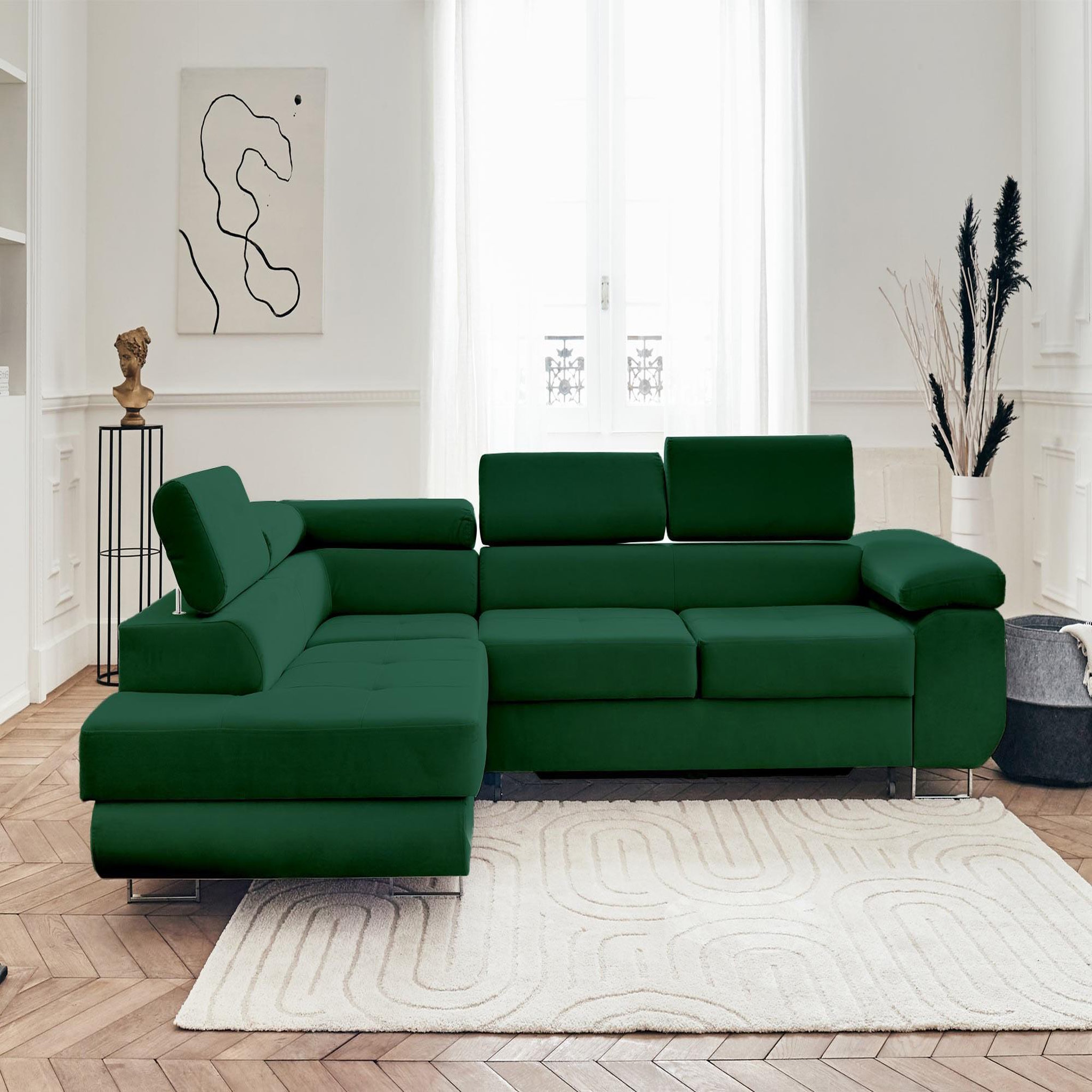 Voir la diapositive 6 : BEST MOBILIER Pablo - canapé d'angle gauche - 5 places - convertible avec coffre et têtières réglables - en velours