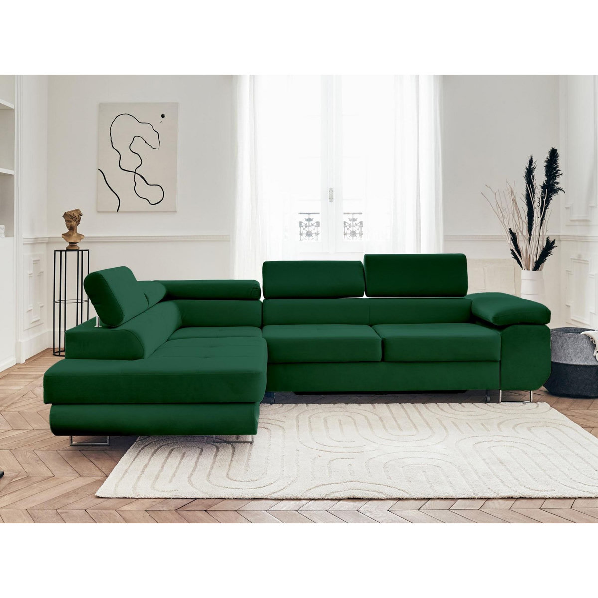 BEST MOBILIER Pablo - canapé d'angle gauche - 5 places - convertible avec coffre et têtières réglables - en velours