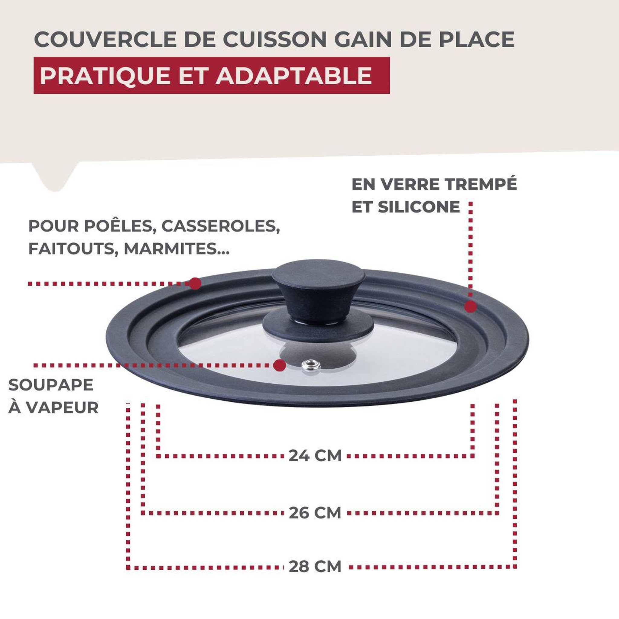 Voir la diapositive 6 : Fackelmann Couvercle de cuisson adaptable de 24 à 28 cm en verre et silicone Fackelmann