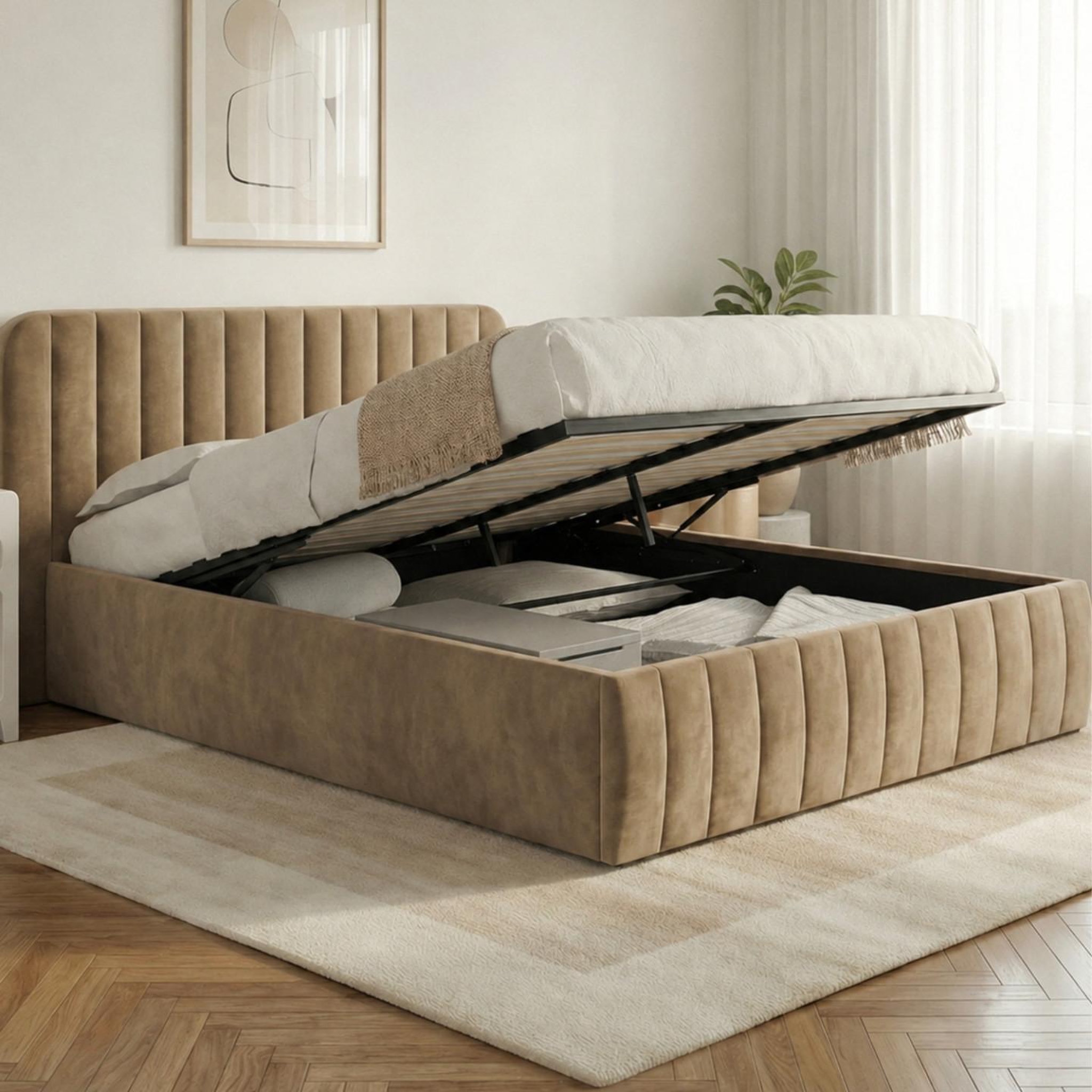 Voir la diapositive 2 : ID MARKET Lit coffre double alba avec tête de lit et sommier 140 x 190 cm velours taupe