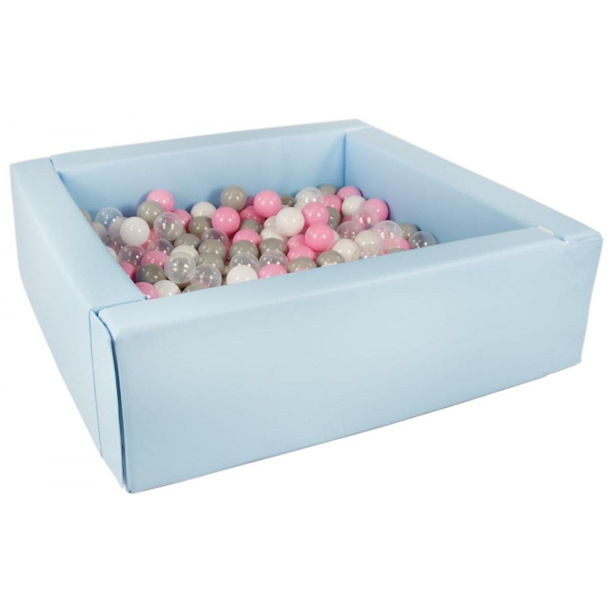 VELINDA Piscine à balles carrée avec 300 balles - bleu clair/blanc, transparent, rose clair, gris