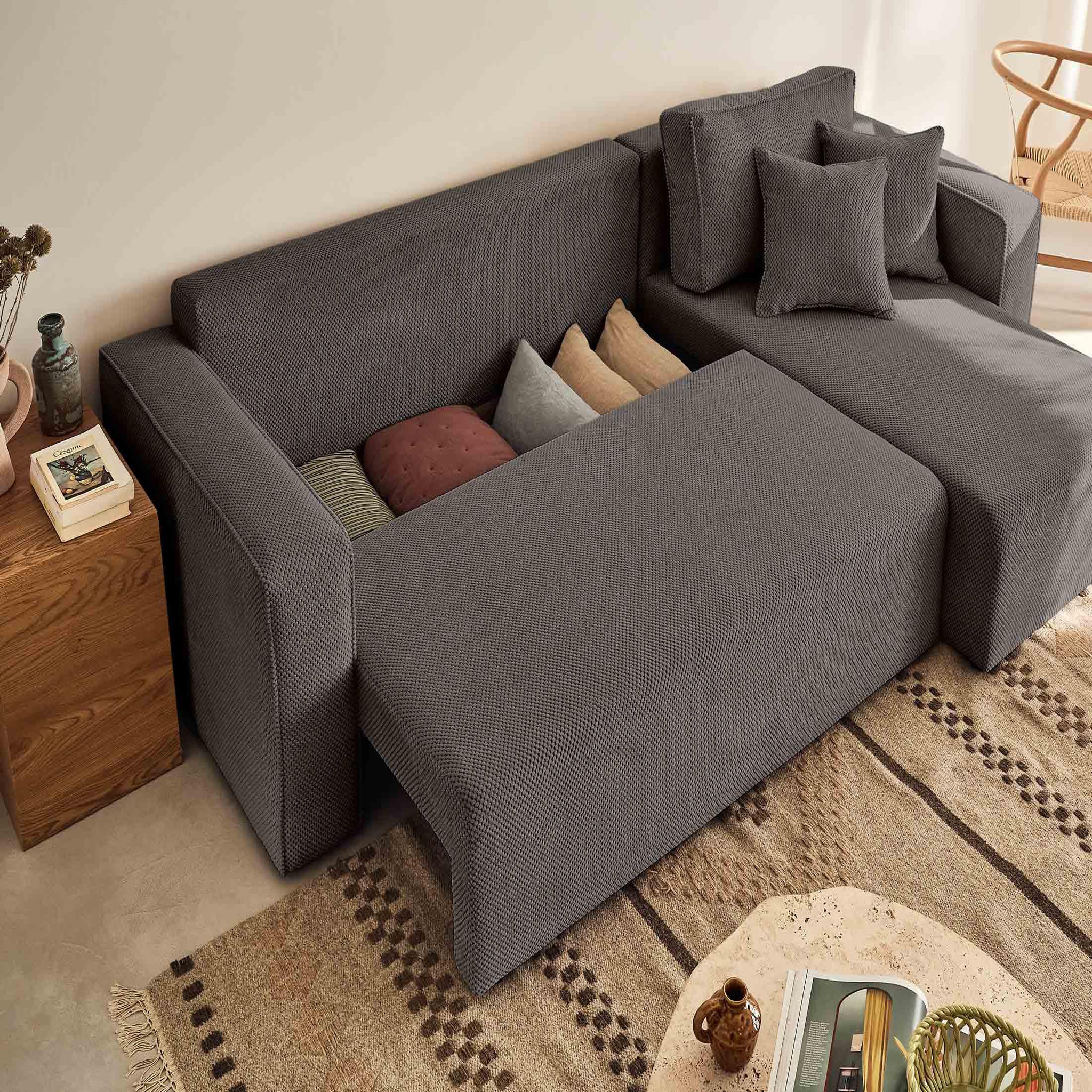 Voir la diapositive 3 : BEST MOBILIER Topaze - canapé d'angle réversible - 4 places - convertible avec coffre - en velours texturé