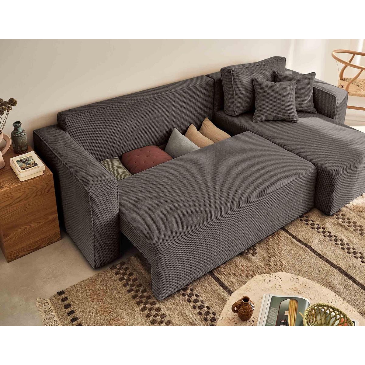 BEST MOBILIER Topaze - canapé d'angle réversible - 4 places - convertible avec coffre - en velours texturé