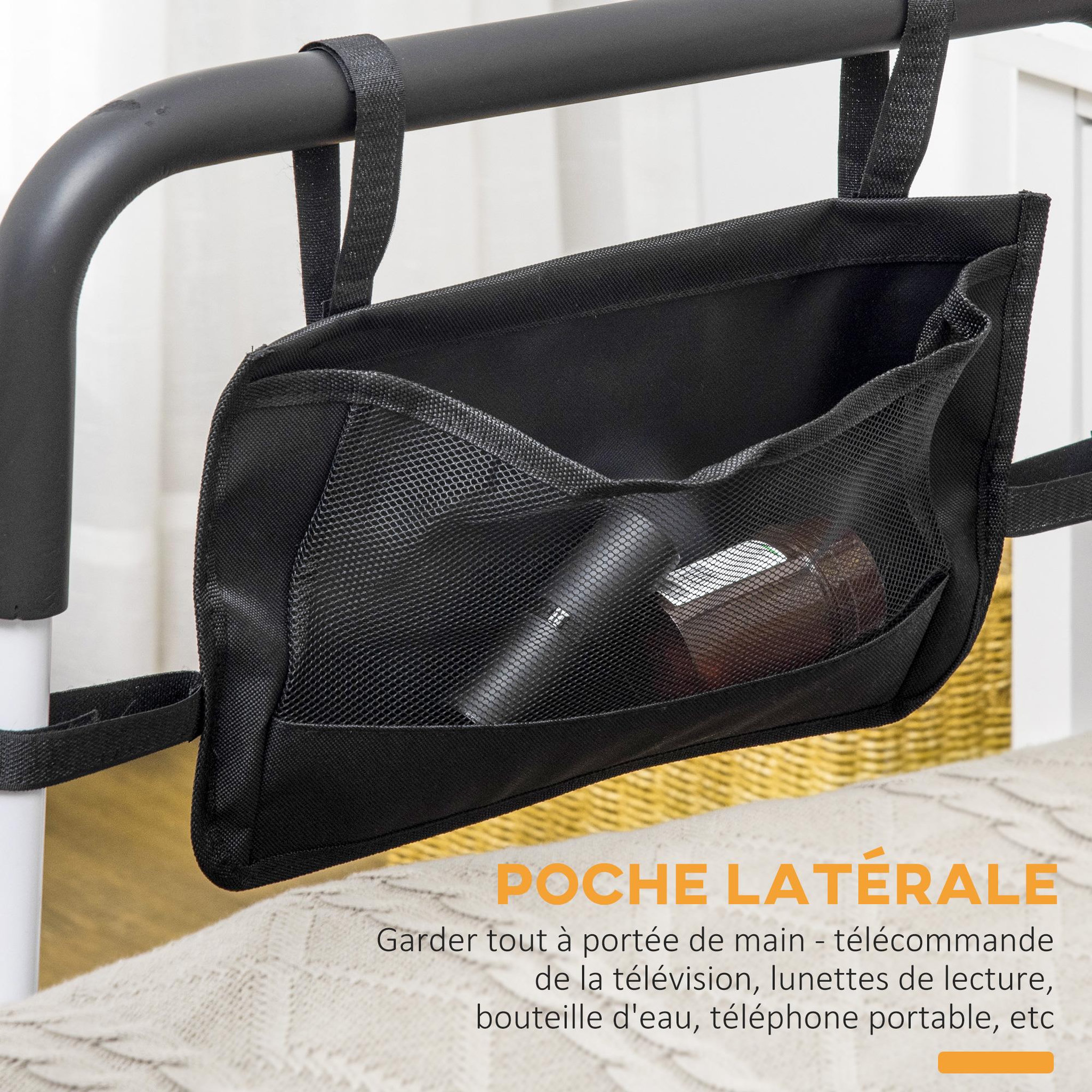 Voir la diapositive 5 : HOMCOM Barre de redressement de lit réglable avec pochette - poignée d'appui pour le lit - barre d'appui de lit - acier blanc EVA noir