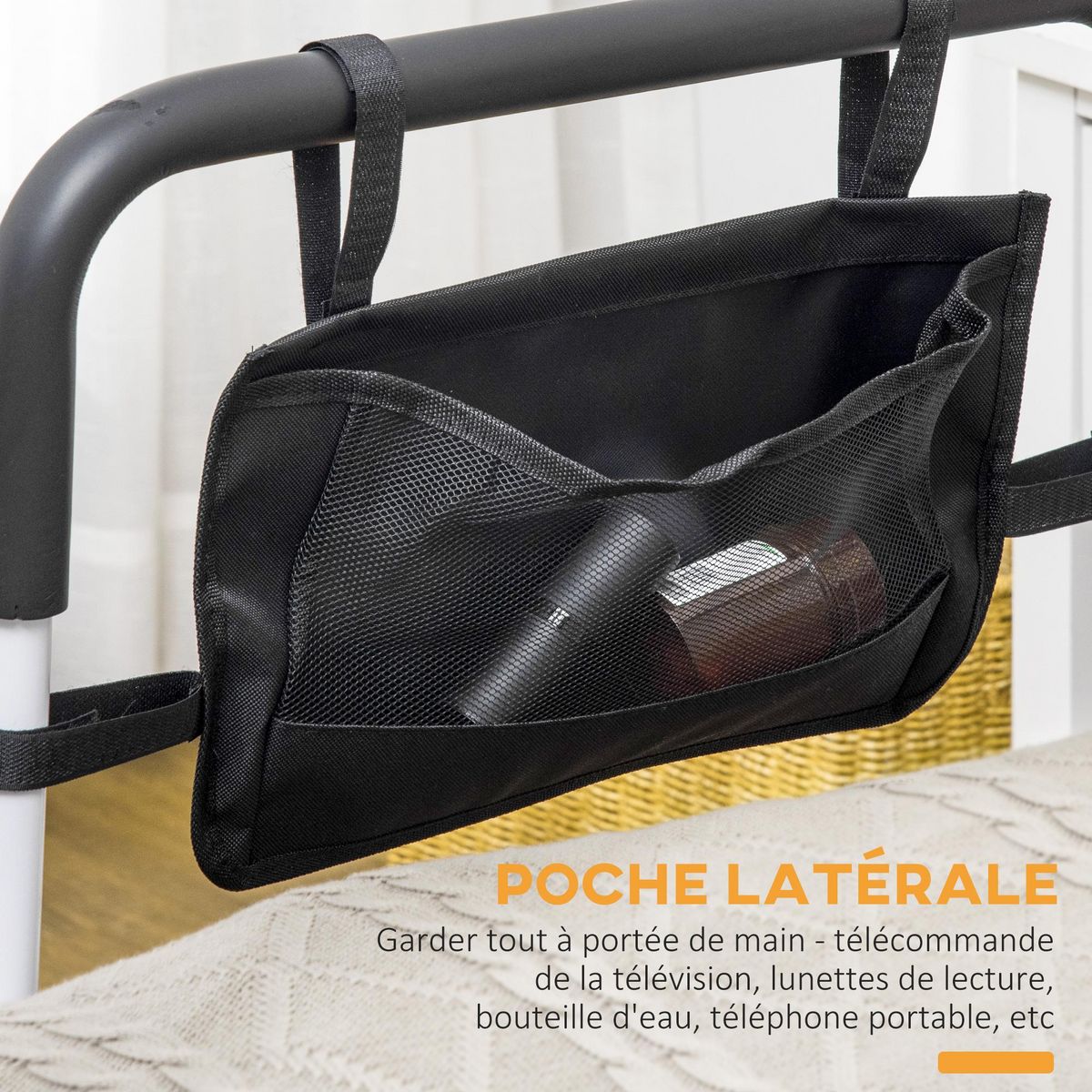 HOMCOM Barre de redressement de lit réglable avec pochette - poignée d'appui pour le lit - barre d'appui de lit - acier blanc EVA noir