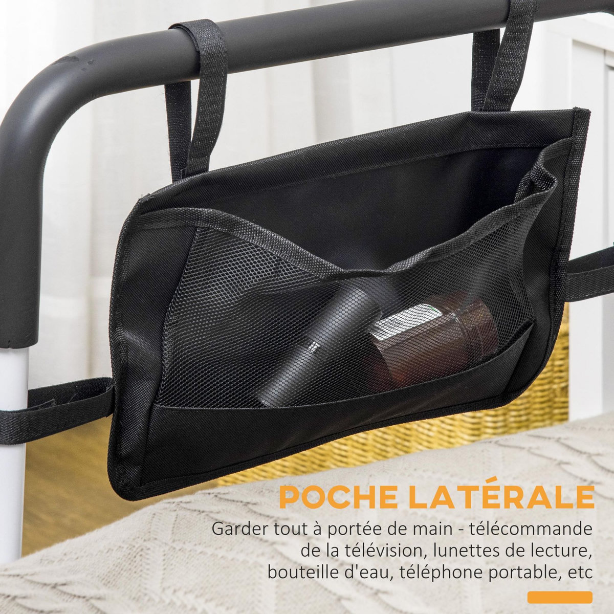 HOMCOM Barre de redressement de lit réglable avec pochette - poignée d'appui pour le lit - barre d'appui de lit - acier blanc EVA noir