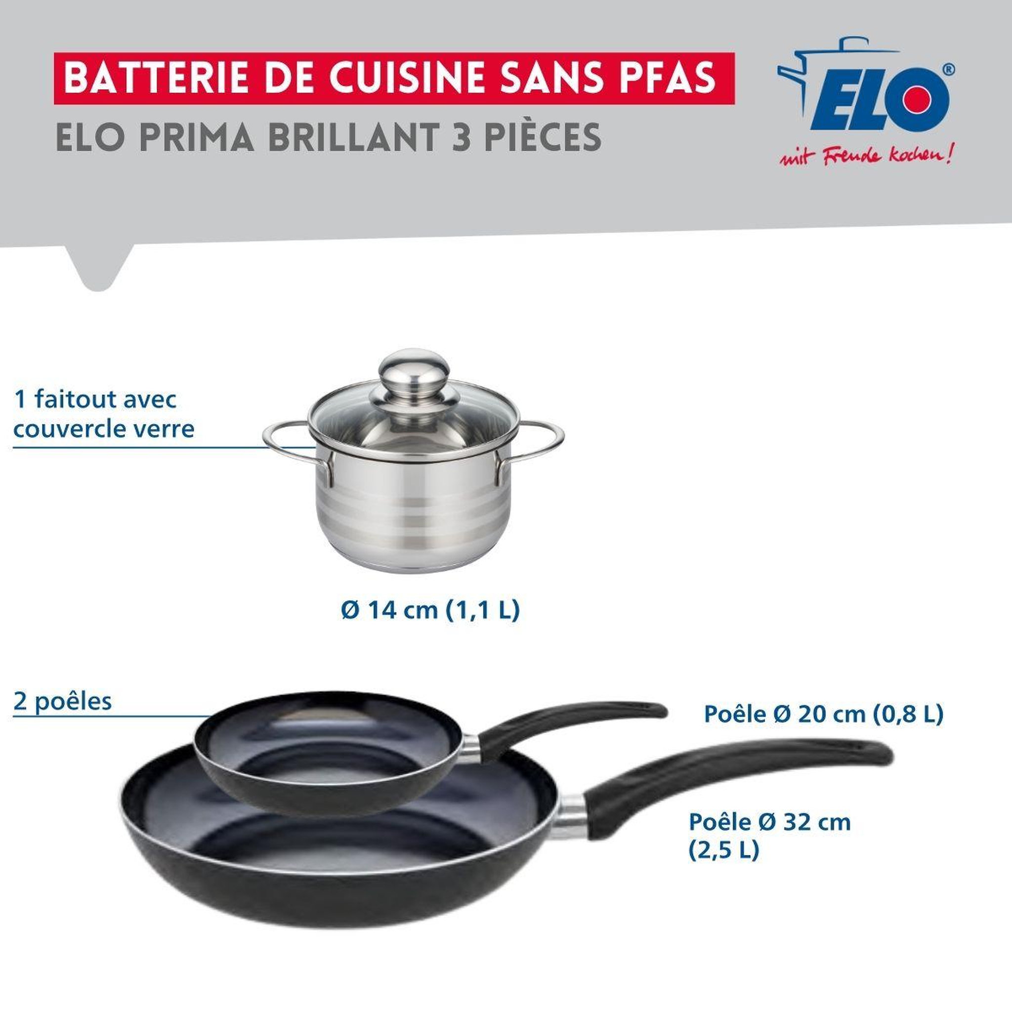 Voir la diapositive 2 : ELO Ensemble de 2 poêles de cuisson 20 et 32 cm et 1 faitout 14 cm elo prima brillant