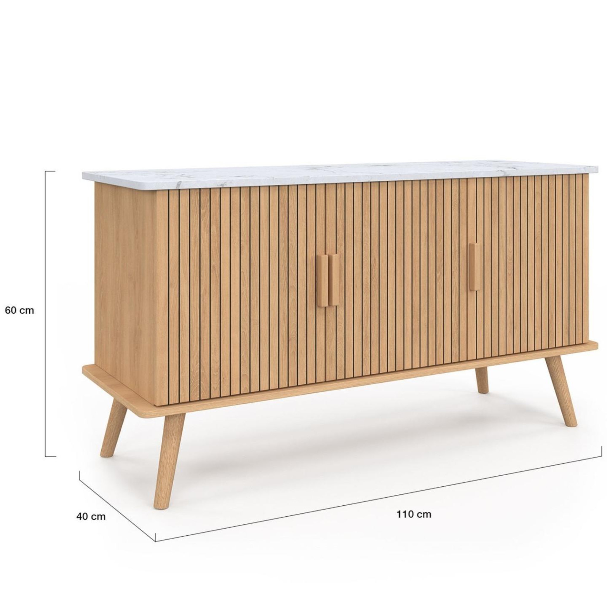 Voir la diapositive 5 : ID MARKET Buffet 110 cm juliette plateau effet marbre 3 portes lattes tasseau bois coloris chêne