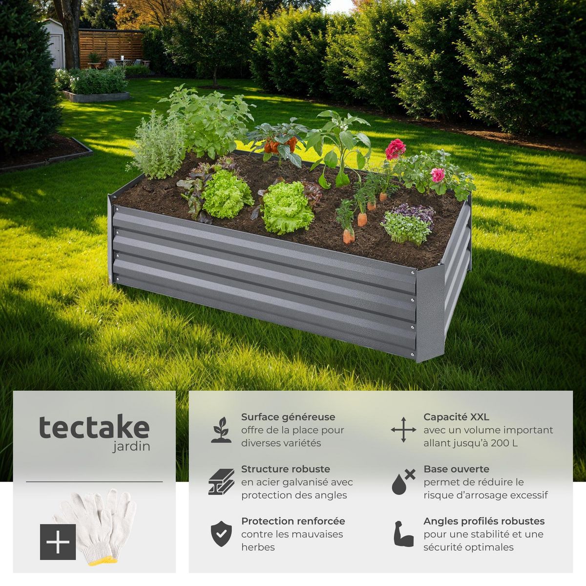 tectake Carré potager 200 L en acier galvanisé gris