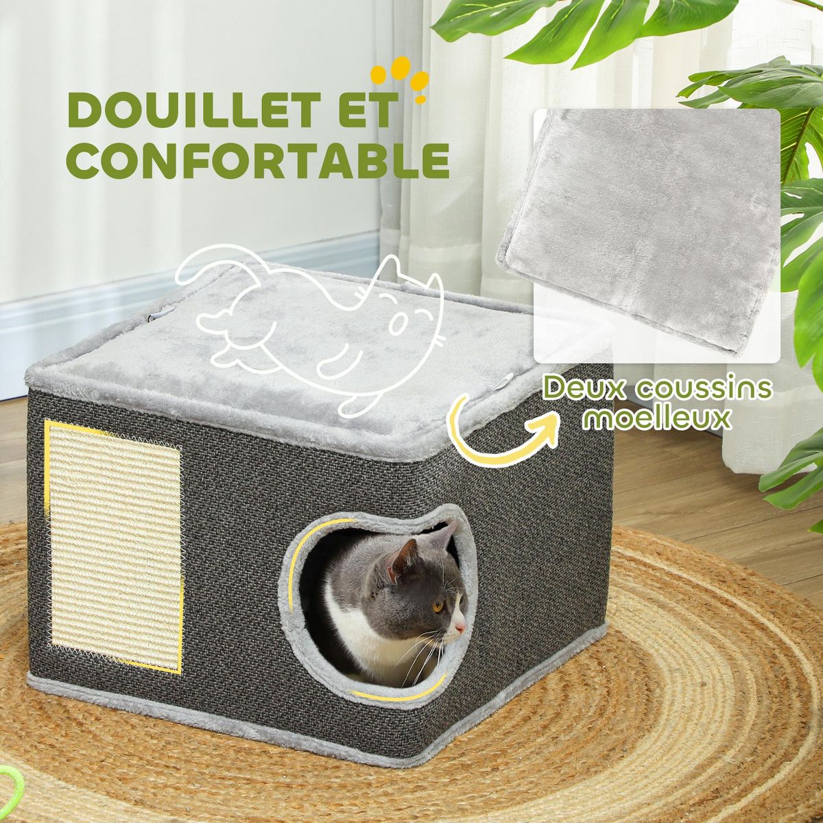 PAWHUT Panier niche griffoir grattoir 4 en 1 - 2 coussins, pompon - sisal naturel peluche gris
