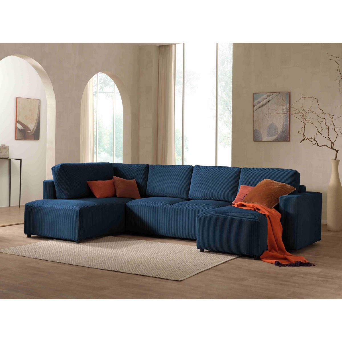 LISA DESIGN Livy - canapé panoramique convertible - avec coffre - en velours côtelé - 7 places - gauche