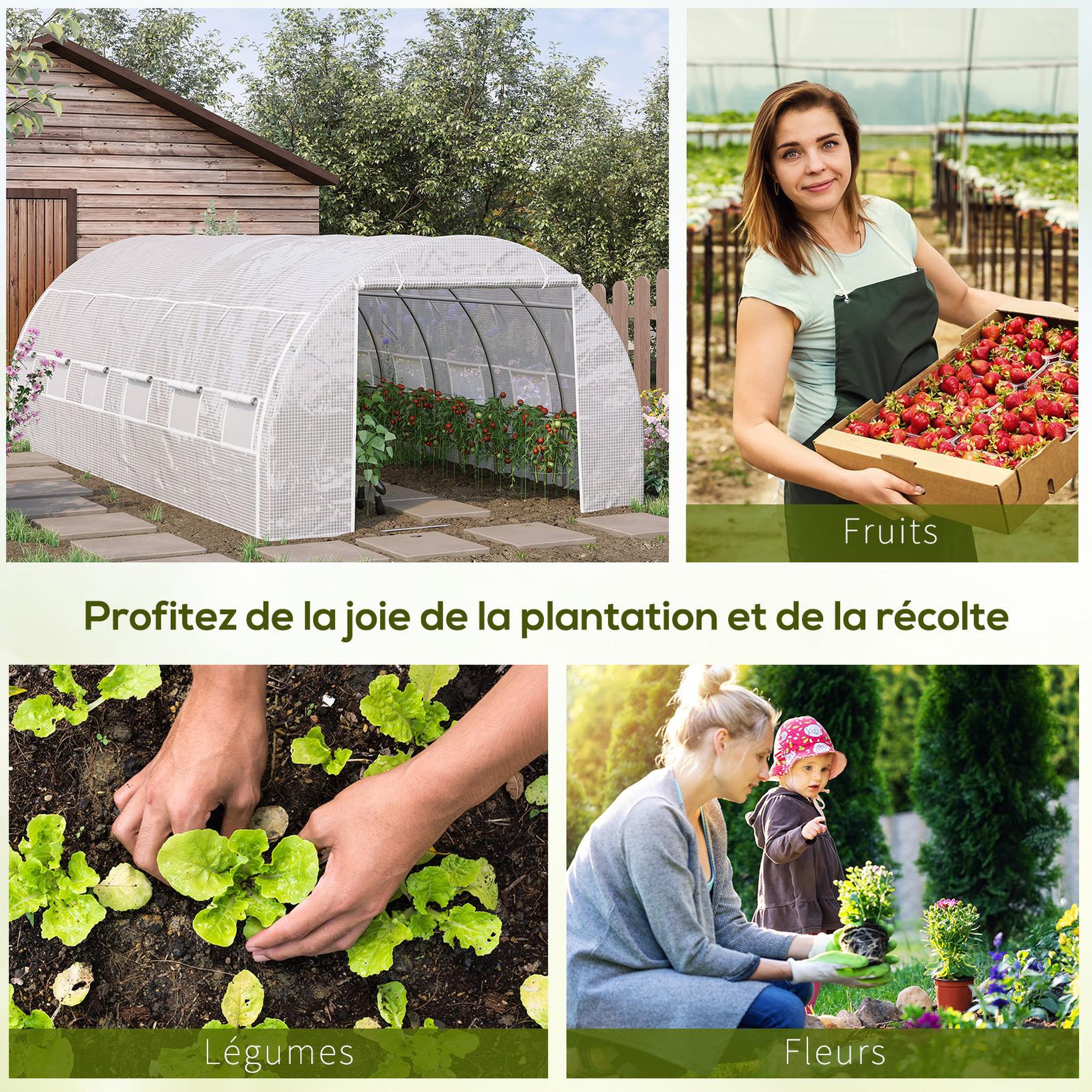 Voir la diapositive 6 : OUTSUNNY Serre de jardin tunnel 18 m² dim. 5,97l x 3,02l x 2h m - 12 fenêtres, porte zippée enroulable - châssis tubulaire acier galvanisé, bâche pe haute densité blanc