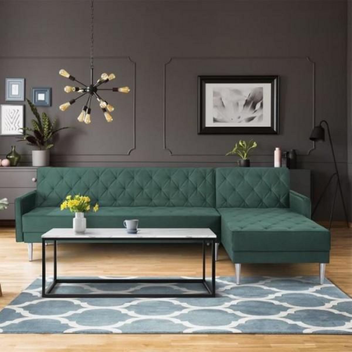 MARKET24 Canapé d'angle réversible 3 places ISTANA -Velours Vert- - - L 286 x P 169 x H 80 cm