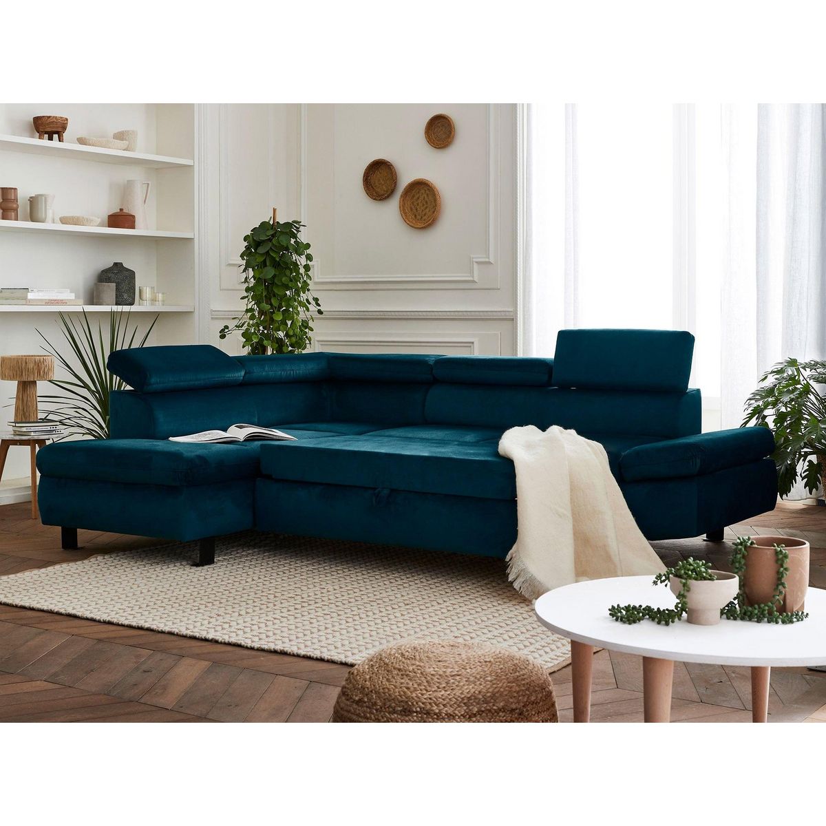 LISA DESIGN Nairobi - canapé d'angle convertible - en velours - 5 places - avec têtières - gauche