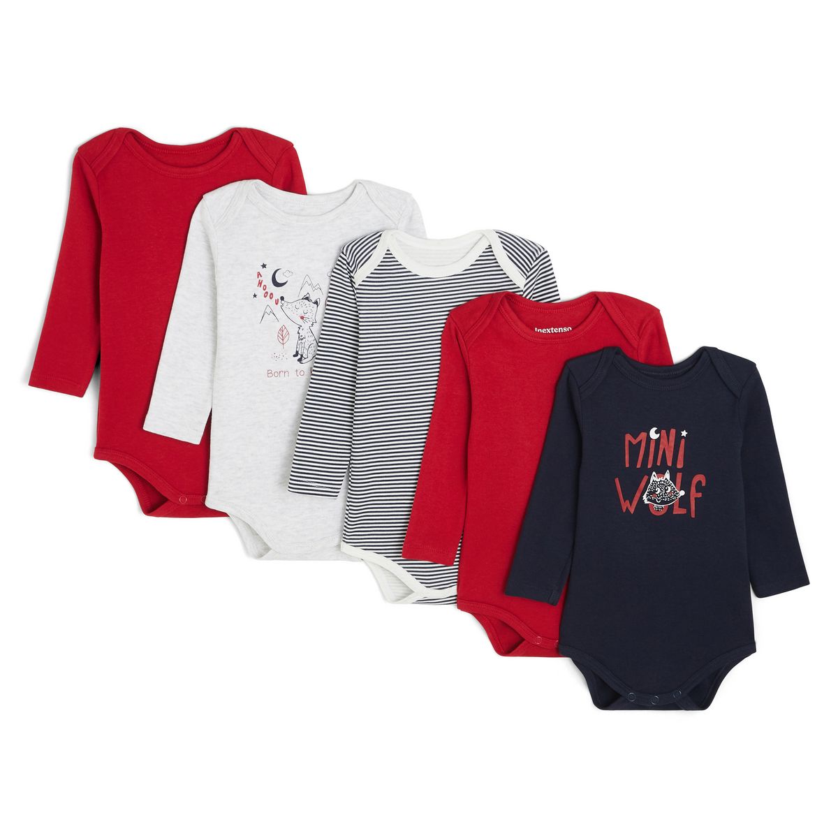 INEXTENSO Lot de 5 bodies manches longues loup bébé garçon