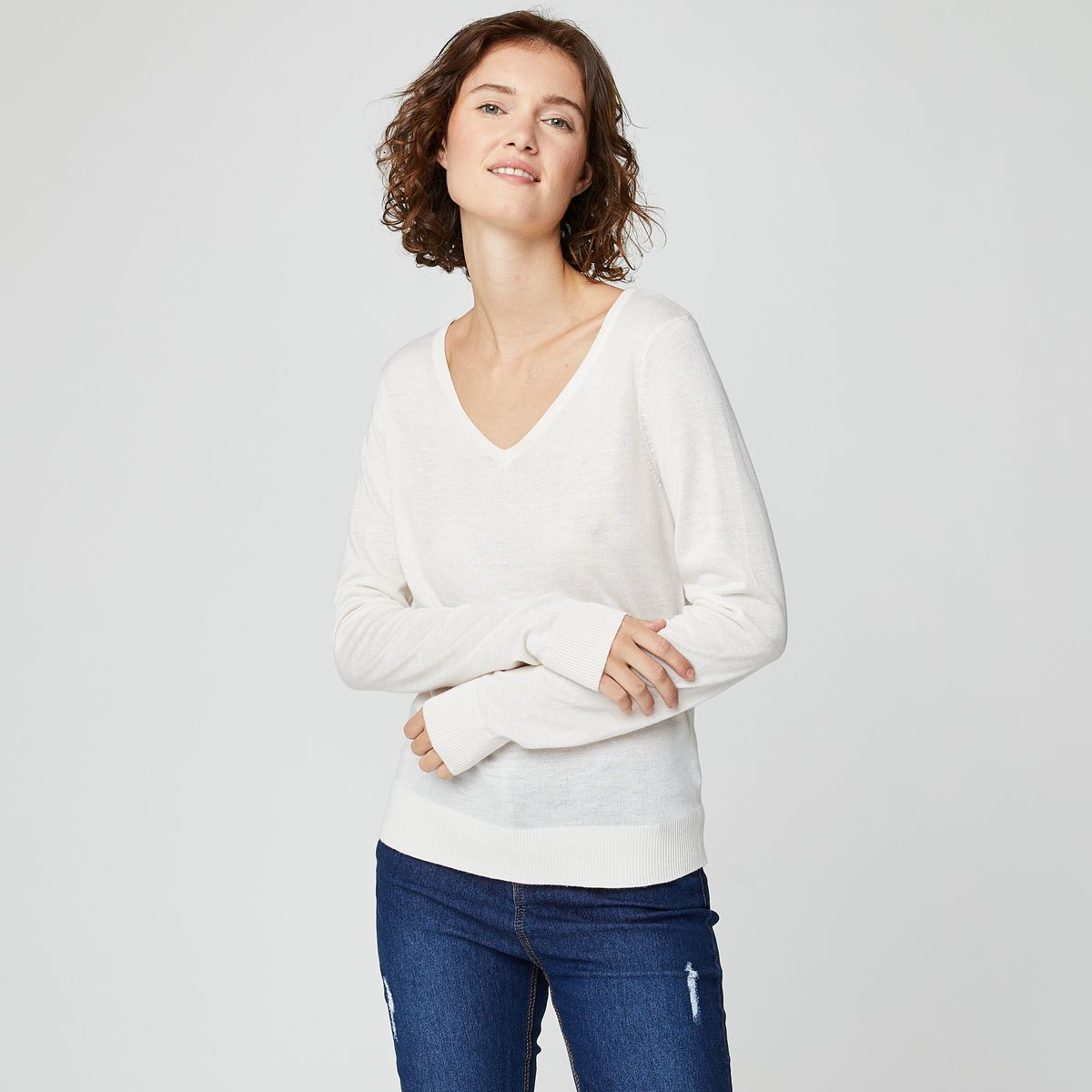 INEXTENSO Pull col v blanc femme