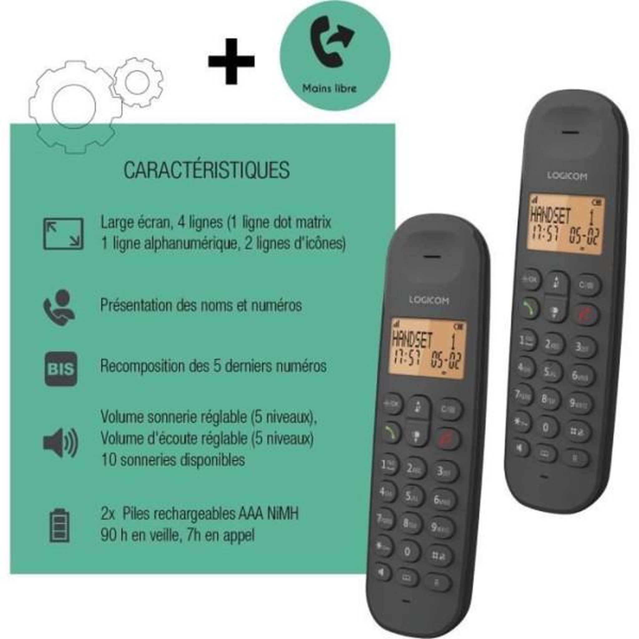 Voir la diapositive 6 : Logicom Téléphone fixe sans fil - LOGICOM - DECT ILOA 250 DUO - Noir - Sans répondeur