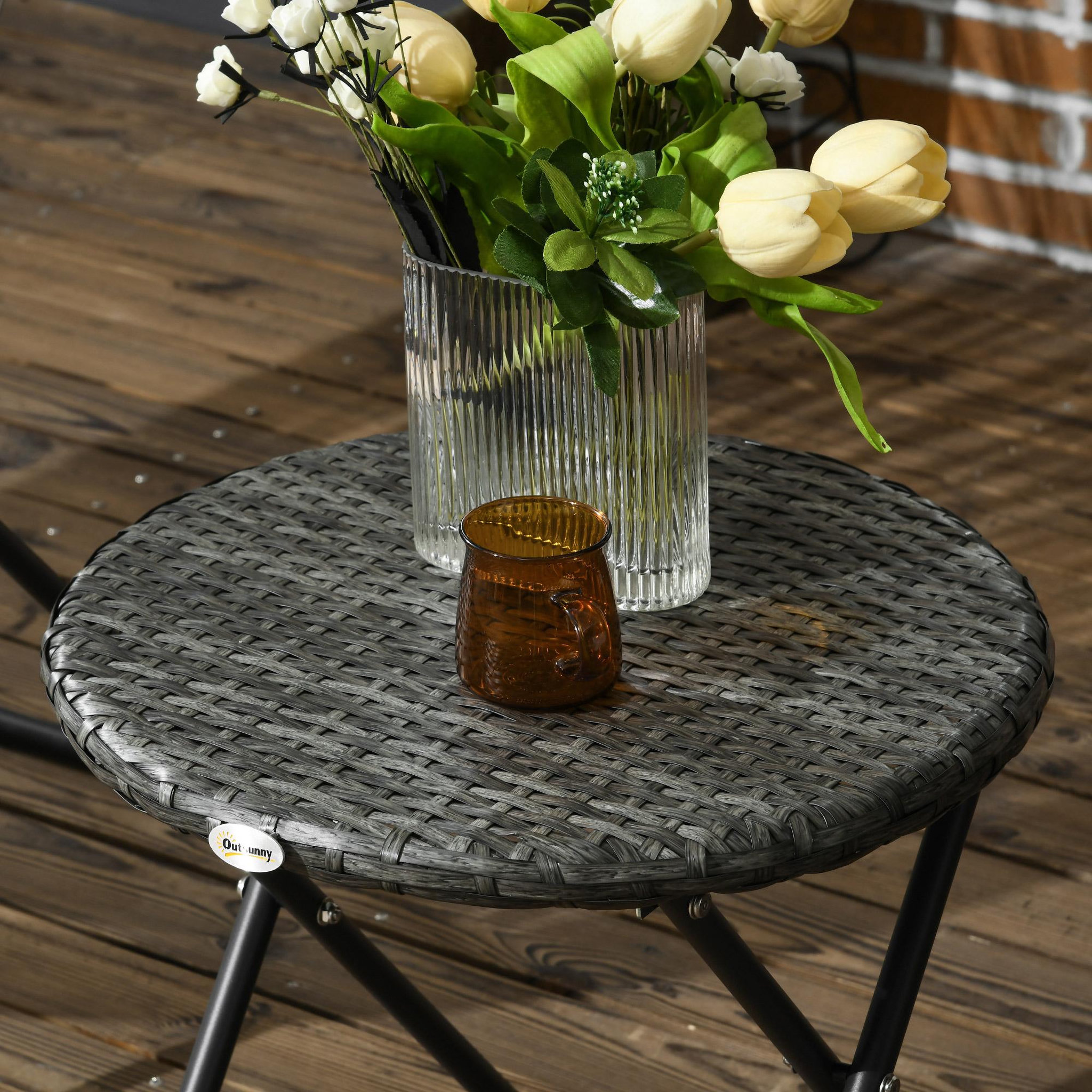 Voir la diapositive 6 : OUTSUNNY Ensemble bistro de jardin style acapulco 3 pcs pliables - 2 fauteuils, table basse - acier résine tressée gris
