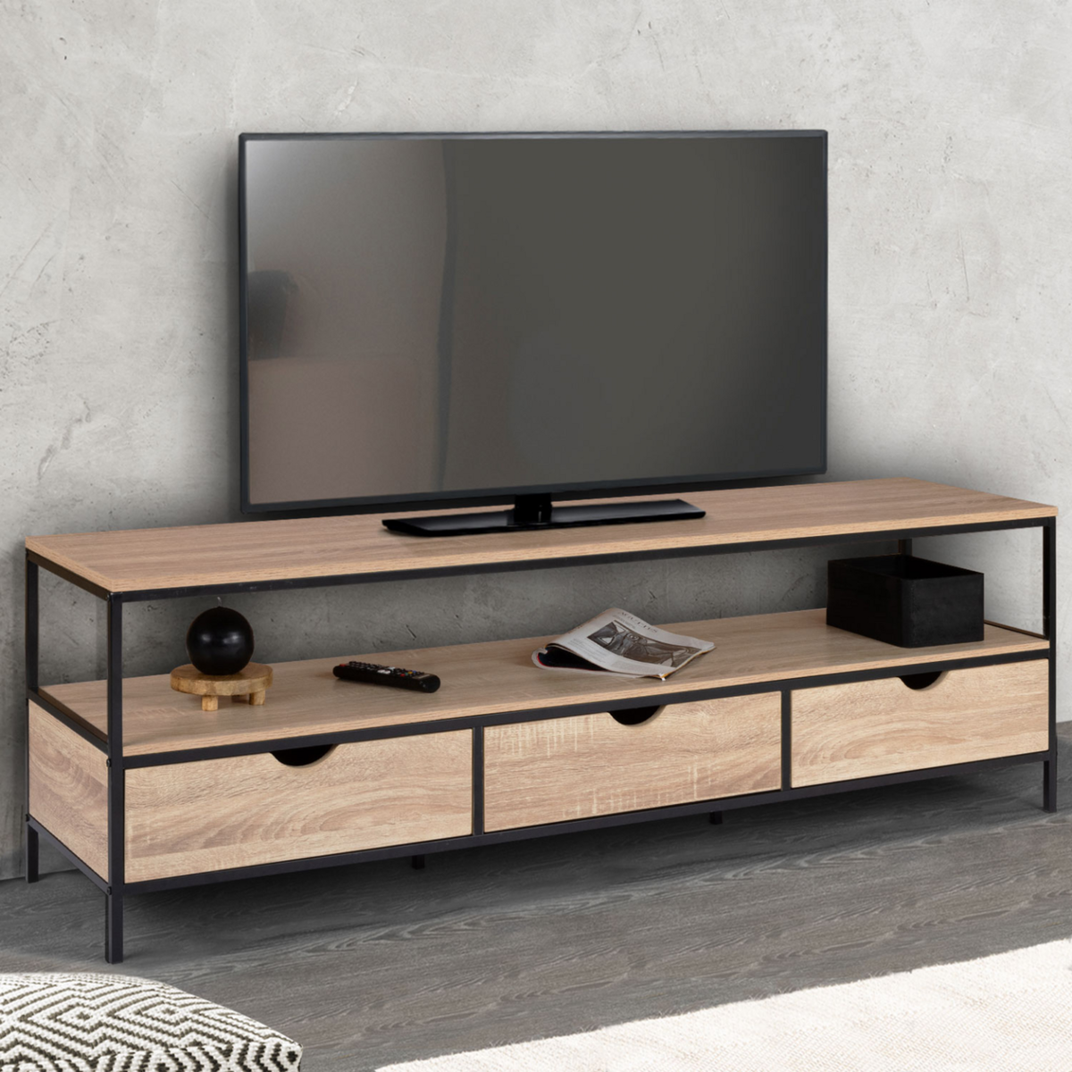 ID MARKET Meuble TV 160 cm DETROIT 3 tiroirs design industriel