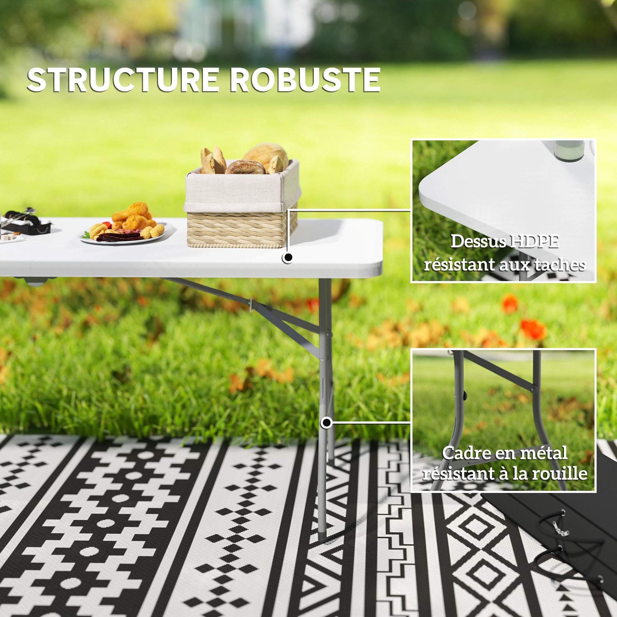 Voir la diapositive 5 : OUTSUNNY Table pliante de camping jardin dim. 180 x 74 x 74 cm avec poignée métal époxy gris hdpe blanc