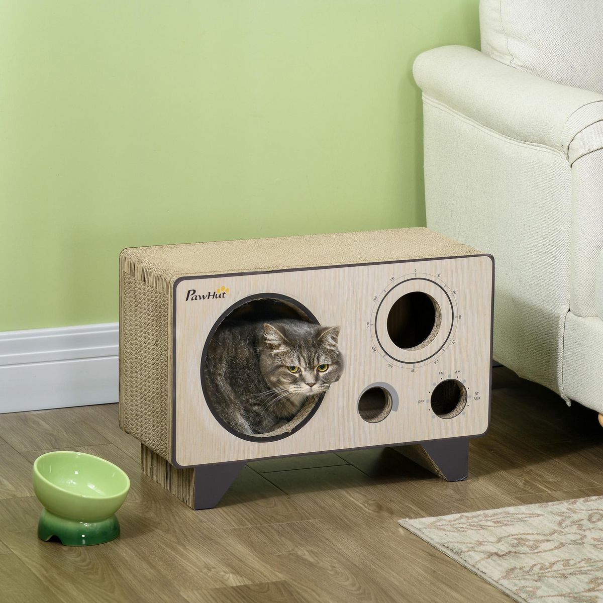 PAWHUT Niche grattoir pour chat 2 en 1 - design radio transistor vintage - carton ondulé