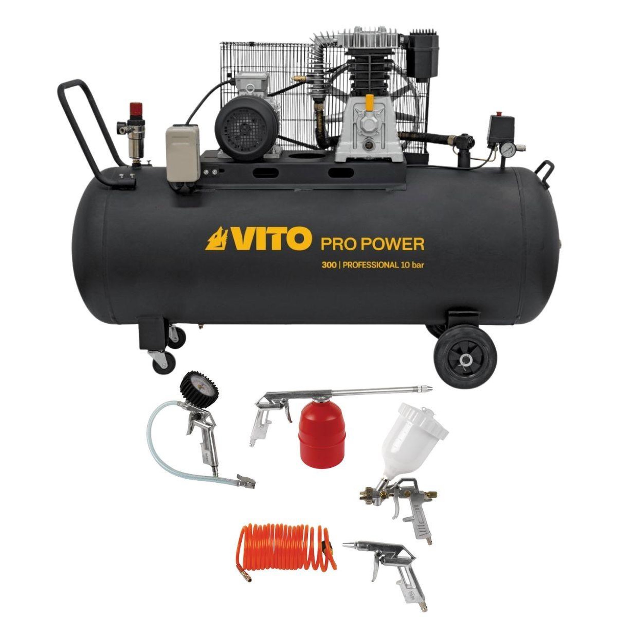 VITO Compresseur d'air 300L 10Bar 4kW 500L/min + 5 Outils pneumatiques Kit Complet Gonflage Soufflage Peinture Garage Atelier VITO