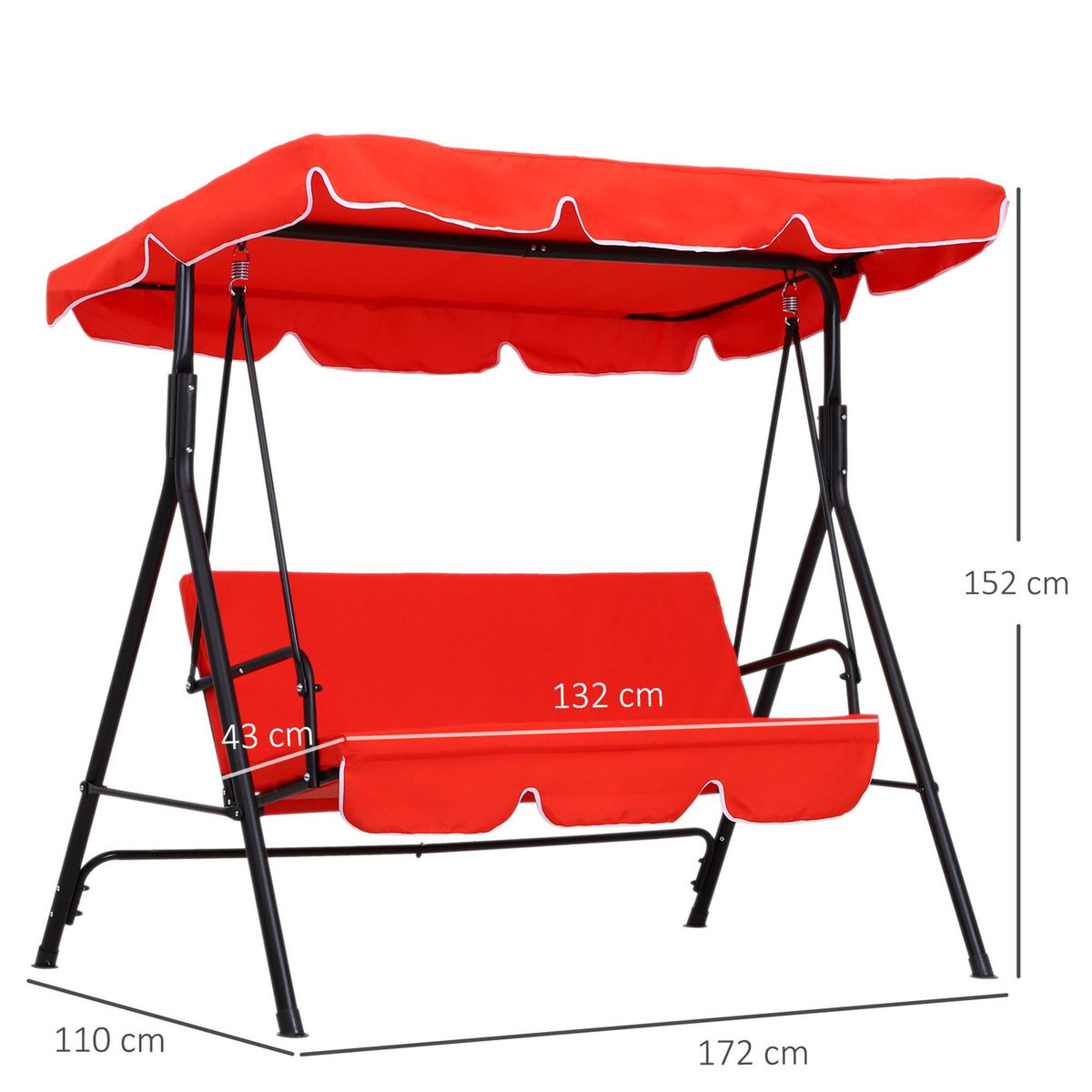 OUTSUNNY Balancelle de jardin 3 places toit inclinaison réglable coussins assise et dossier 1,72L x 1,1l x 1,52H m acier noir polyester rouge