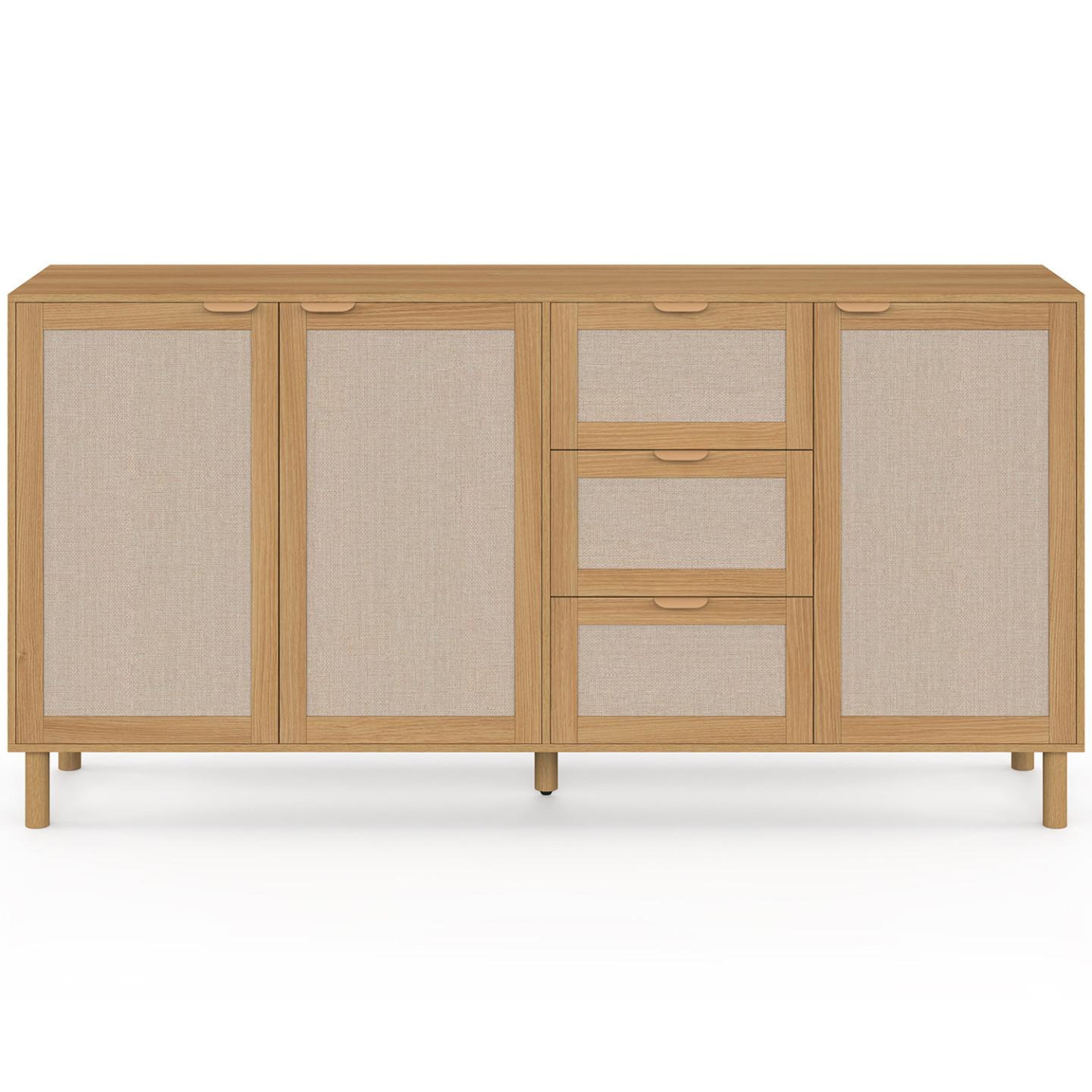 Voir la diapositive 3 : ID MARKET Buffet 160 cm ROBIN 4 portes avec 3 tiroirs meuble de rangement bois et tissu effet lin
