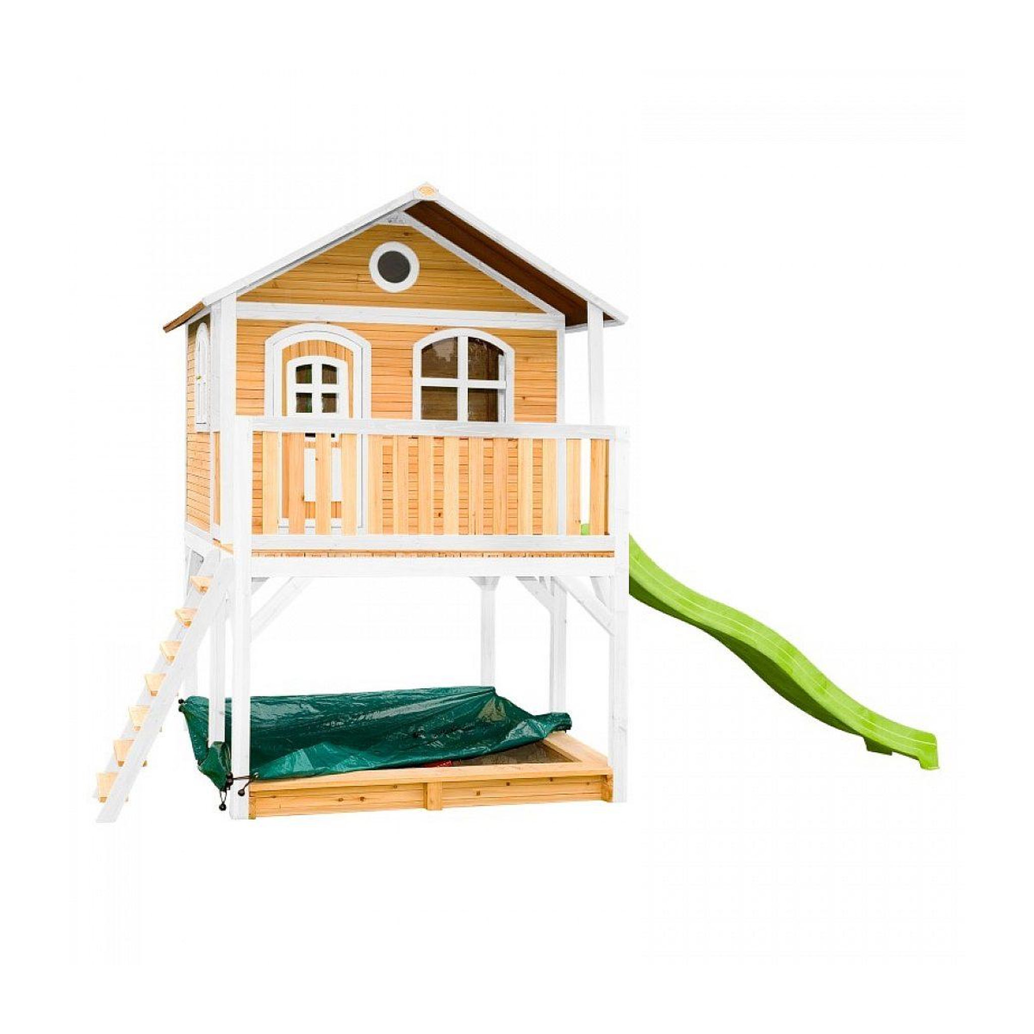 Axi House Axi maisonnette marc brun blanc avec toboggan vert et bac à sable