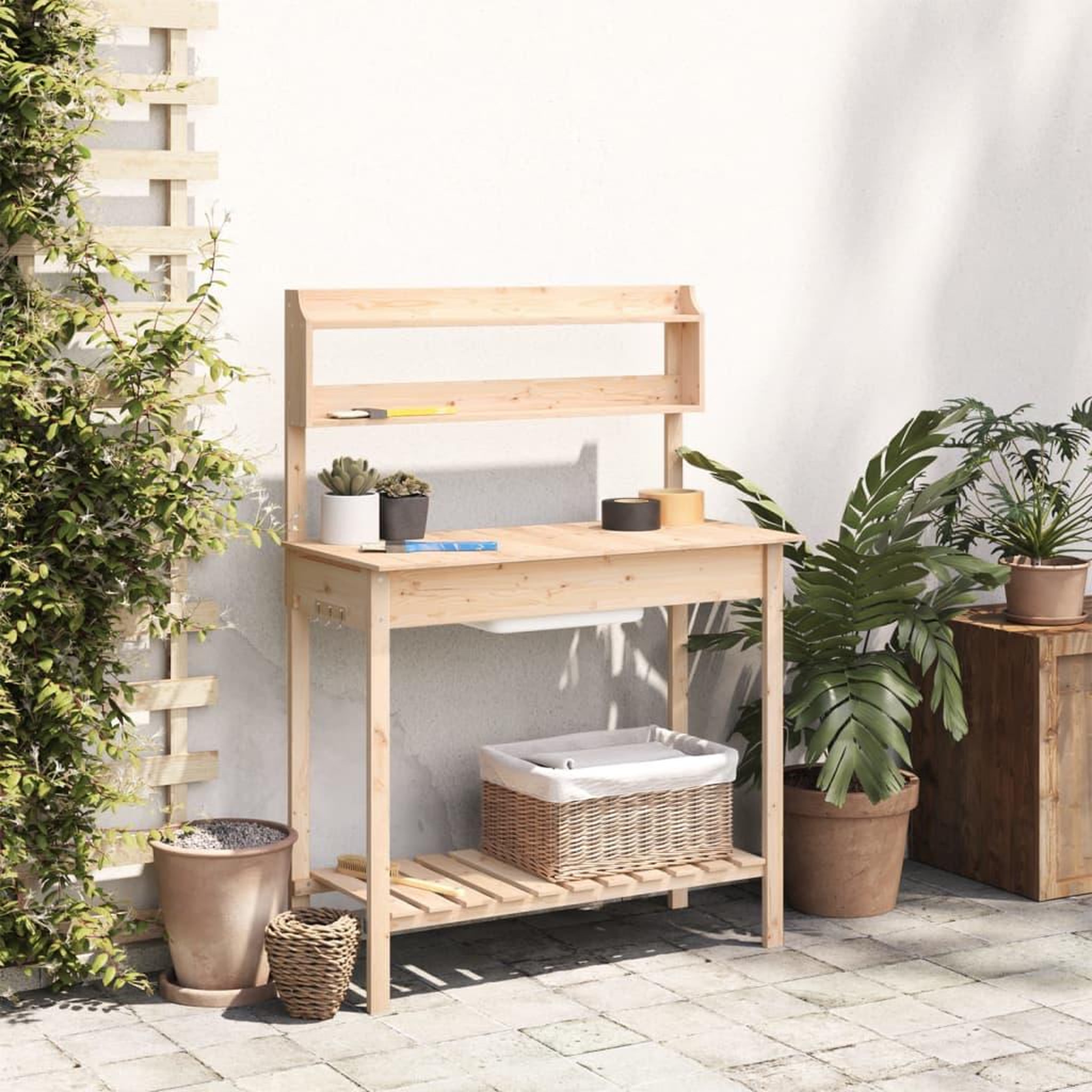 Voir la diapositive 3 : VIDAXL Table de rempotage et evier 147,5x44x139,5 cm bois massif sapin