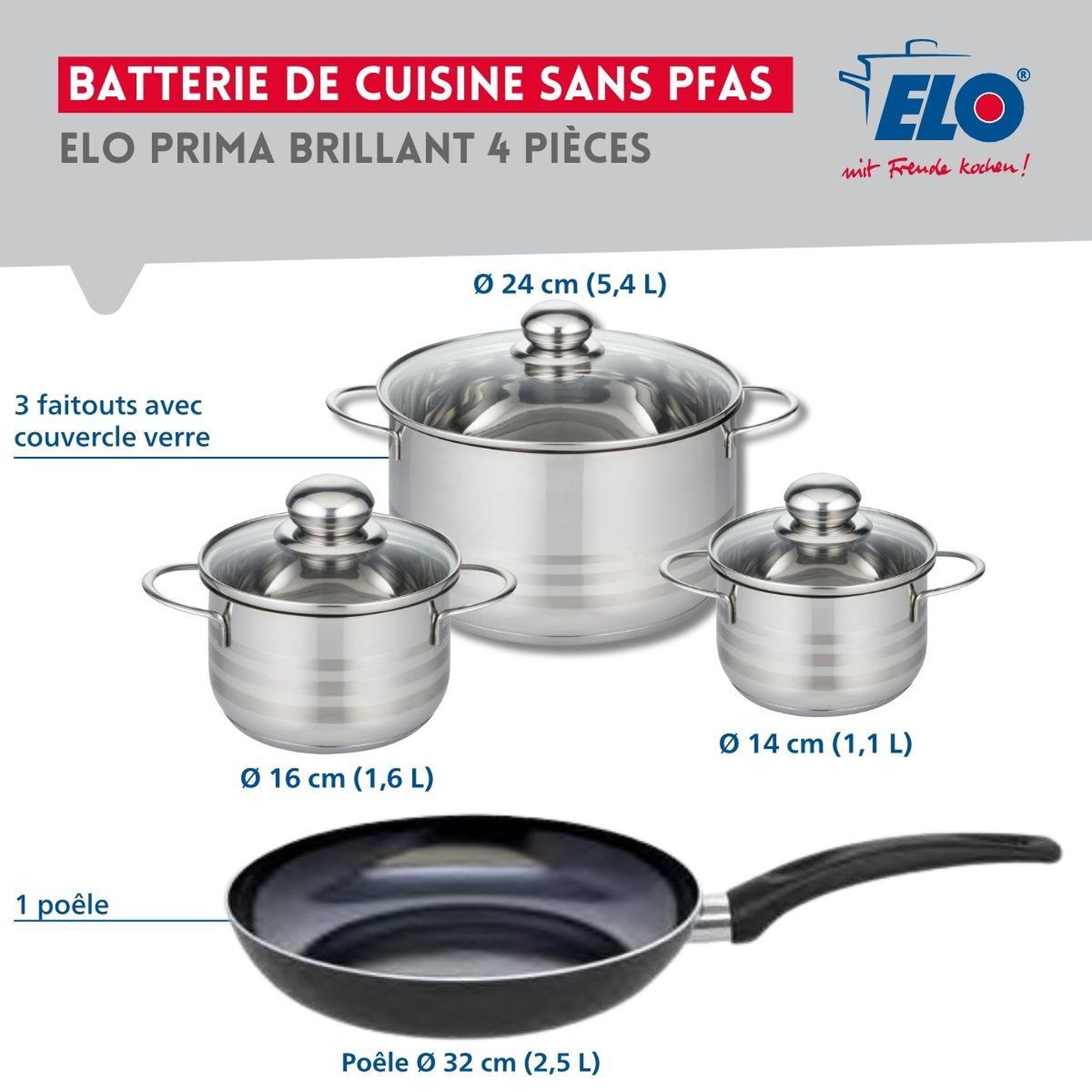 Voir la diapositive 2 : ELO Ensemble de 1 poêle de cuisson 32 cm et 3 faitouts 14, 16 et 24 cm elo prima brillant